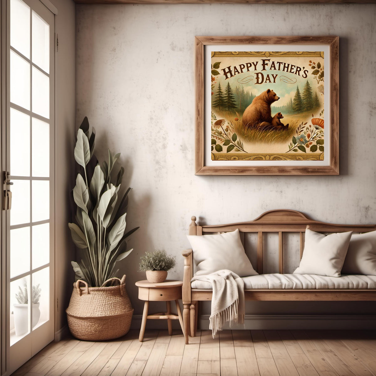 Vintage Father's Day Bear Print: Rustic Forest Scene (Digital Download, 30x30 inches
