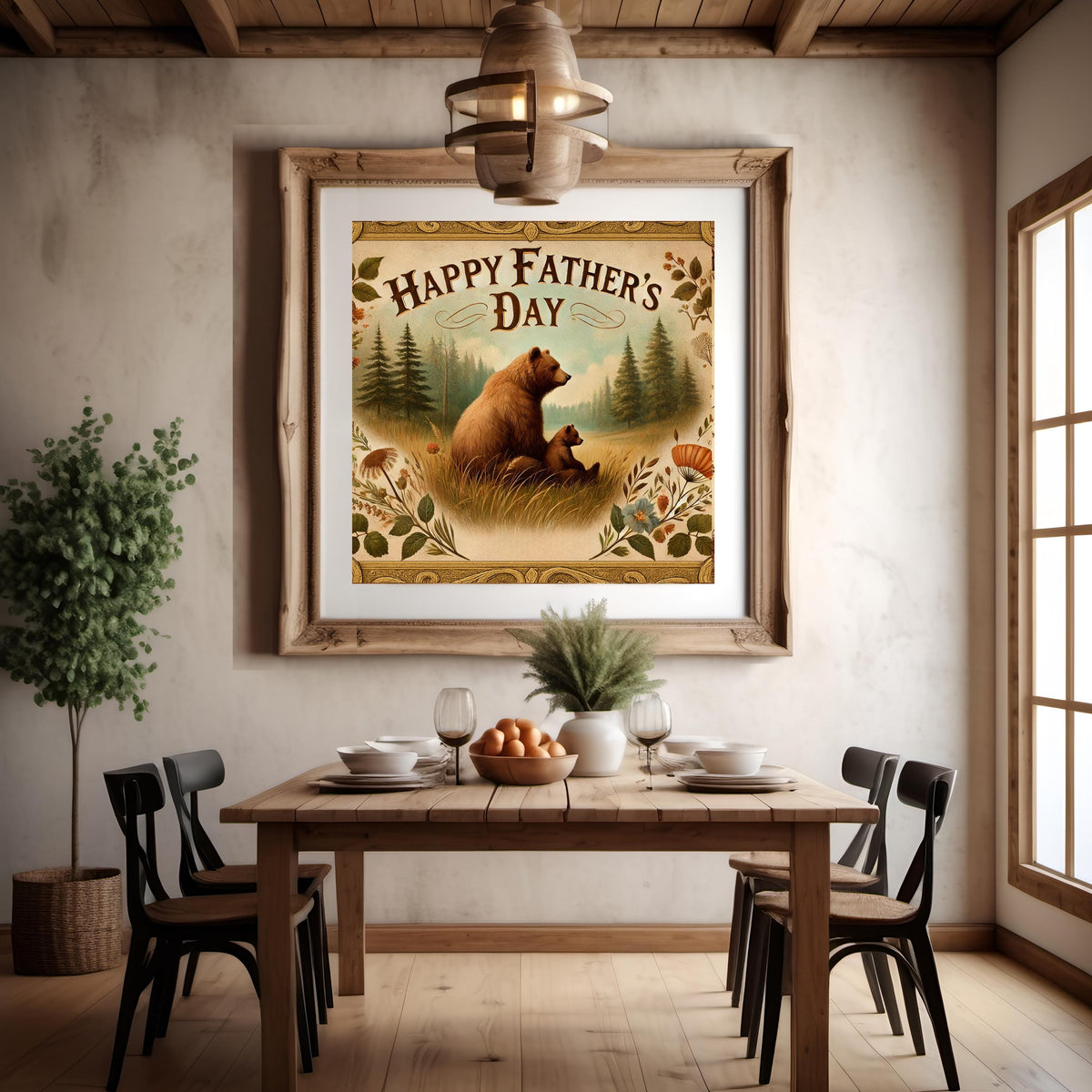Vintage Father's Day Bear Print: Rustic Forest Scene (Digital Download, 30x30 inches