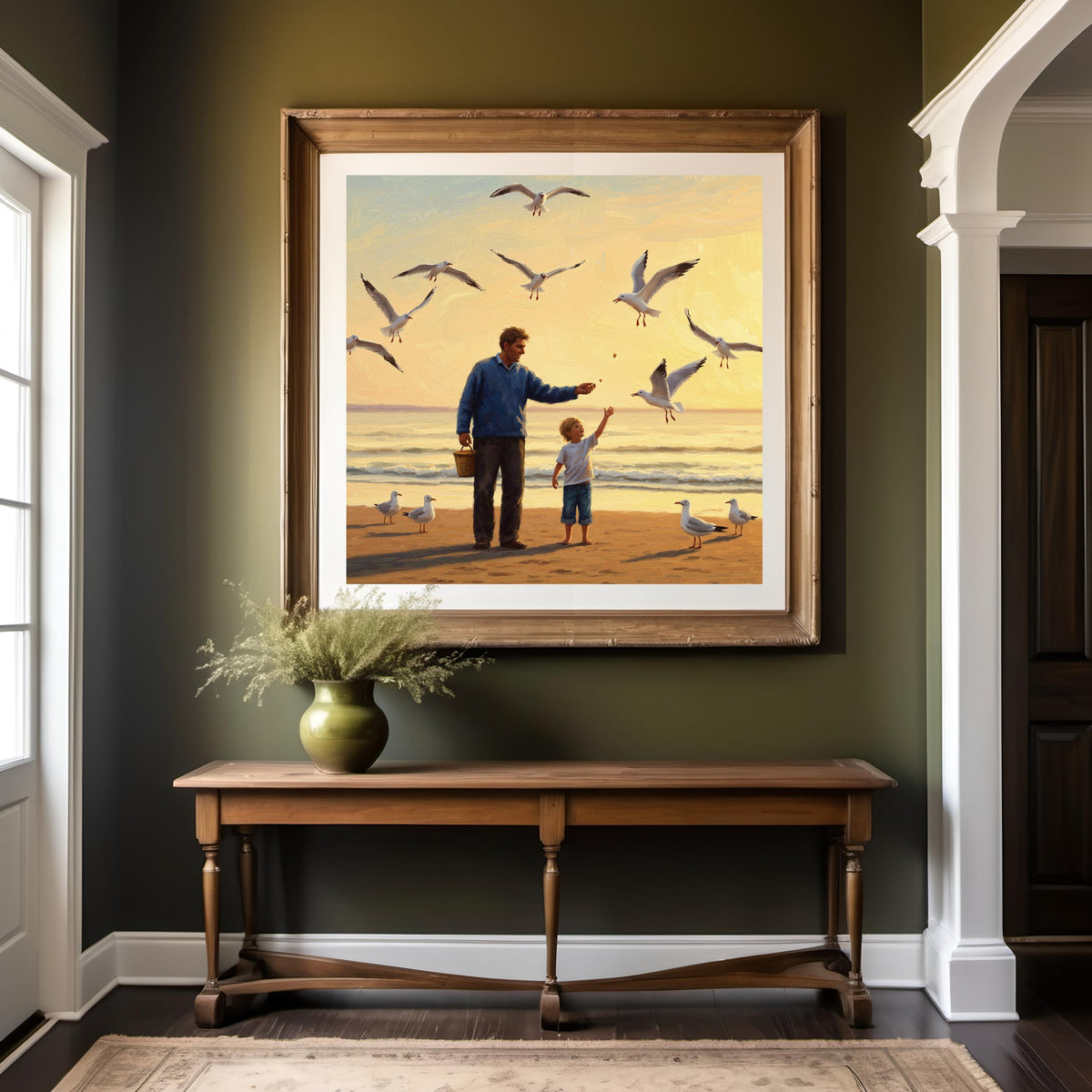 Father and Child Seagull Painting: Coastal Sunset Art (Digital Download)