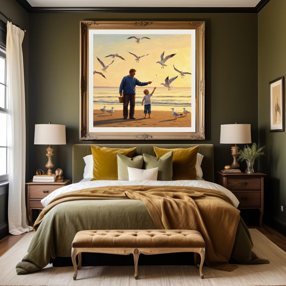 Father and Child Seagull Painting: Coastal Sunset Art (Digital Download)