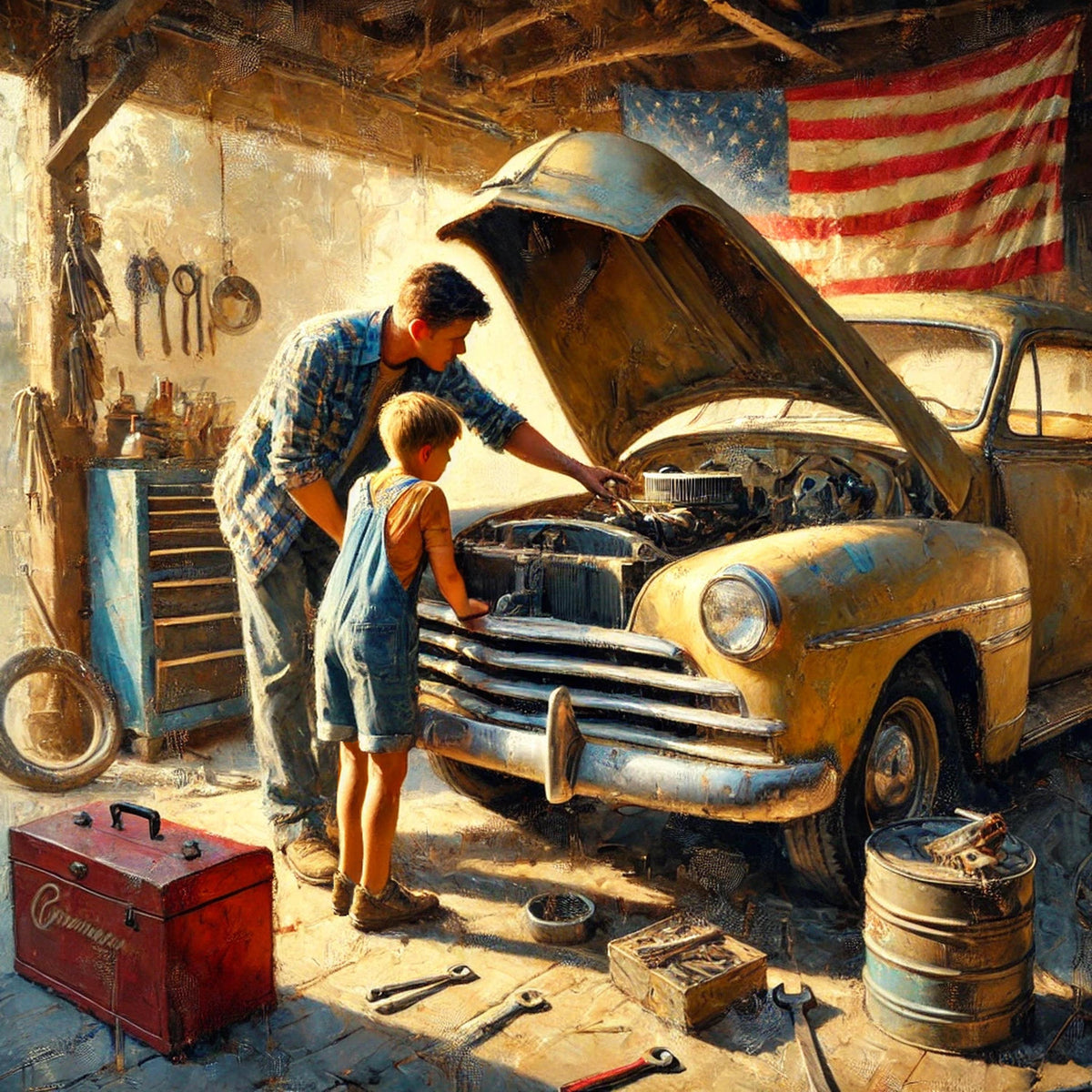 Father & Son Vintage Garage Art Print: Retro Car Repair (Digital Download)