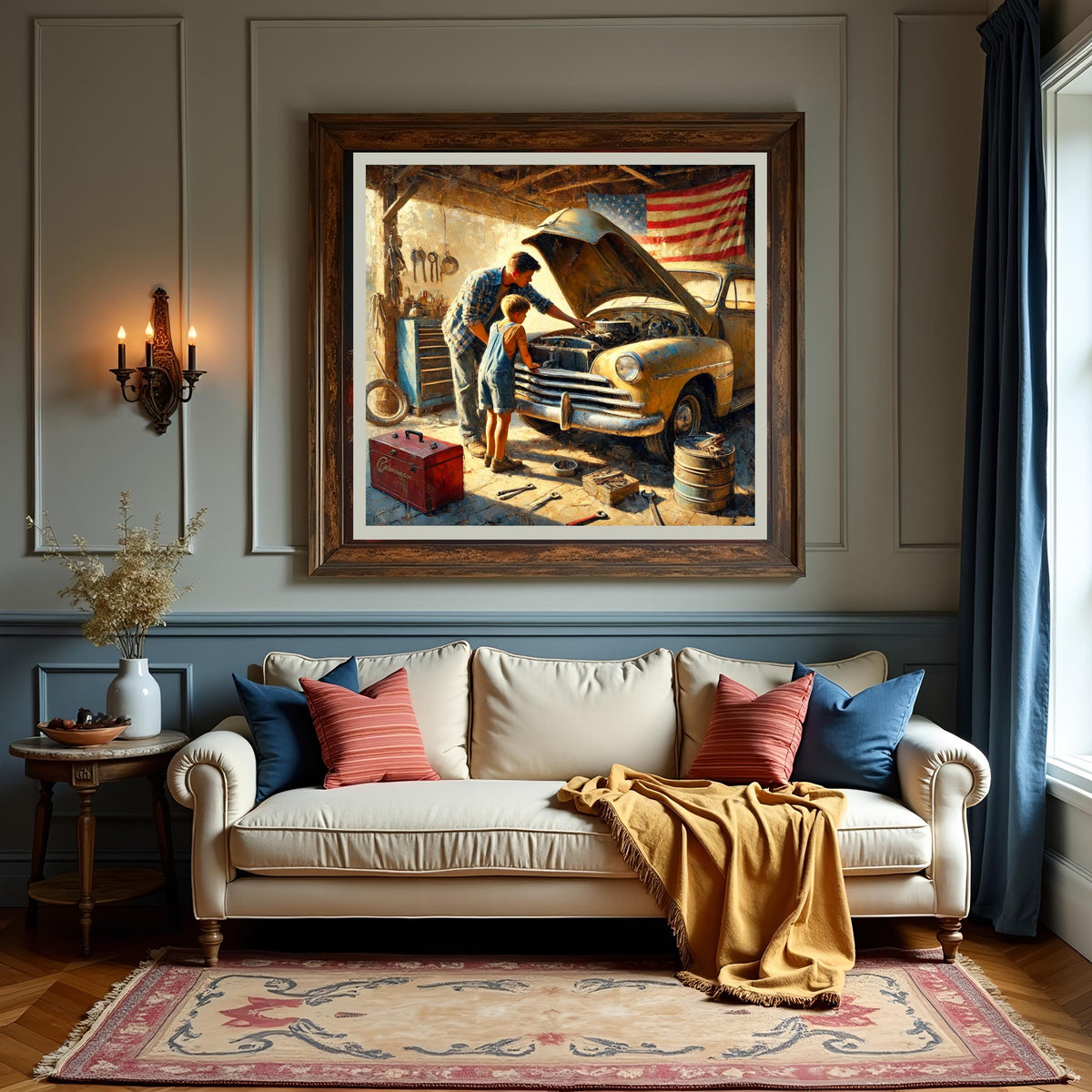 Father & Son Vintage Garage Art Print: Retro Car Repair (Digital Download)