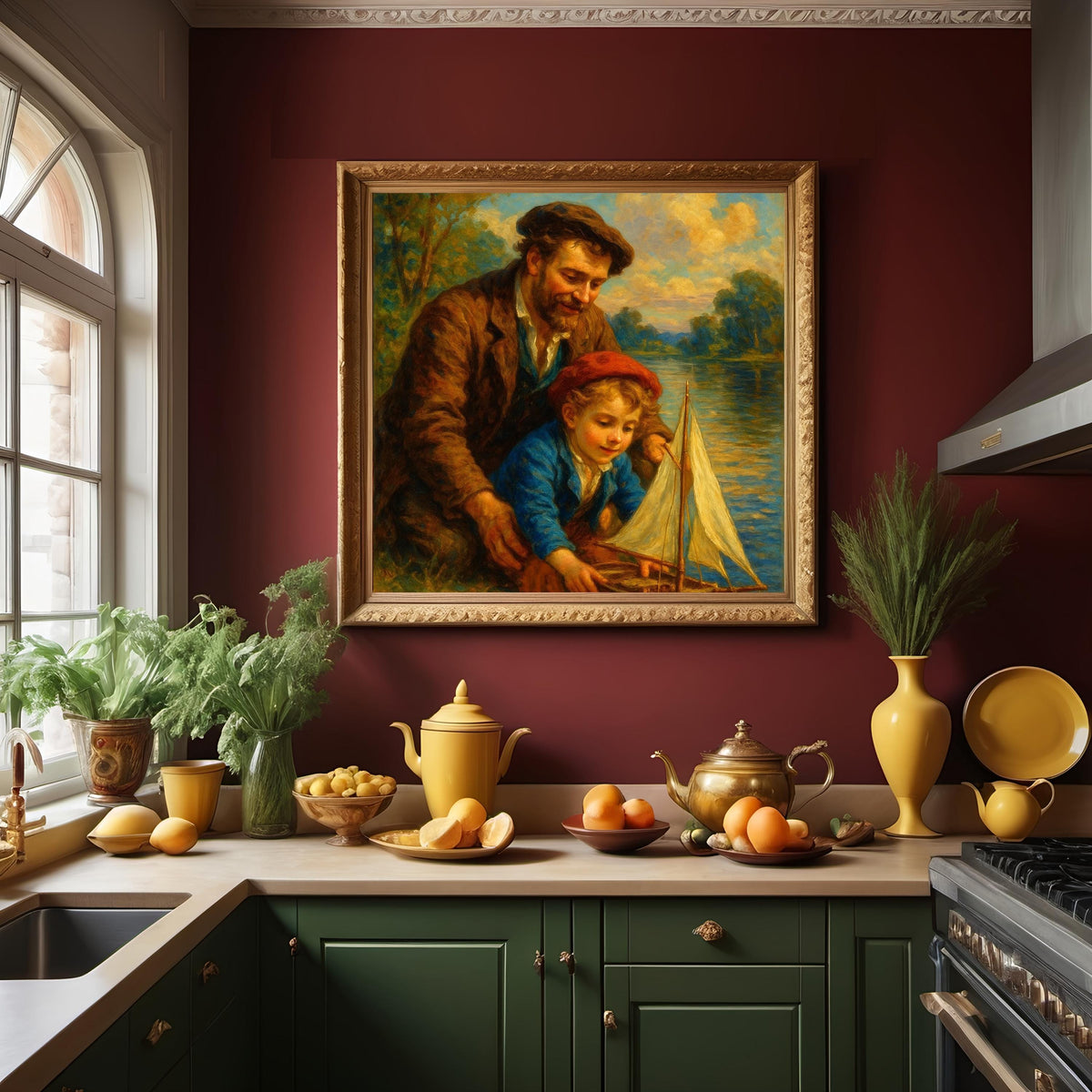 Father and Son Sailboat Print: Vintage Riverside Scene (Digital Download)