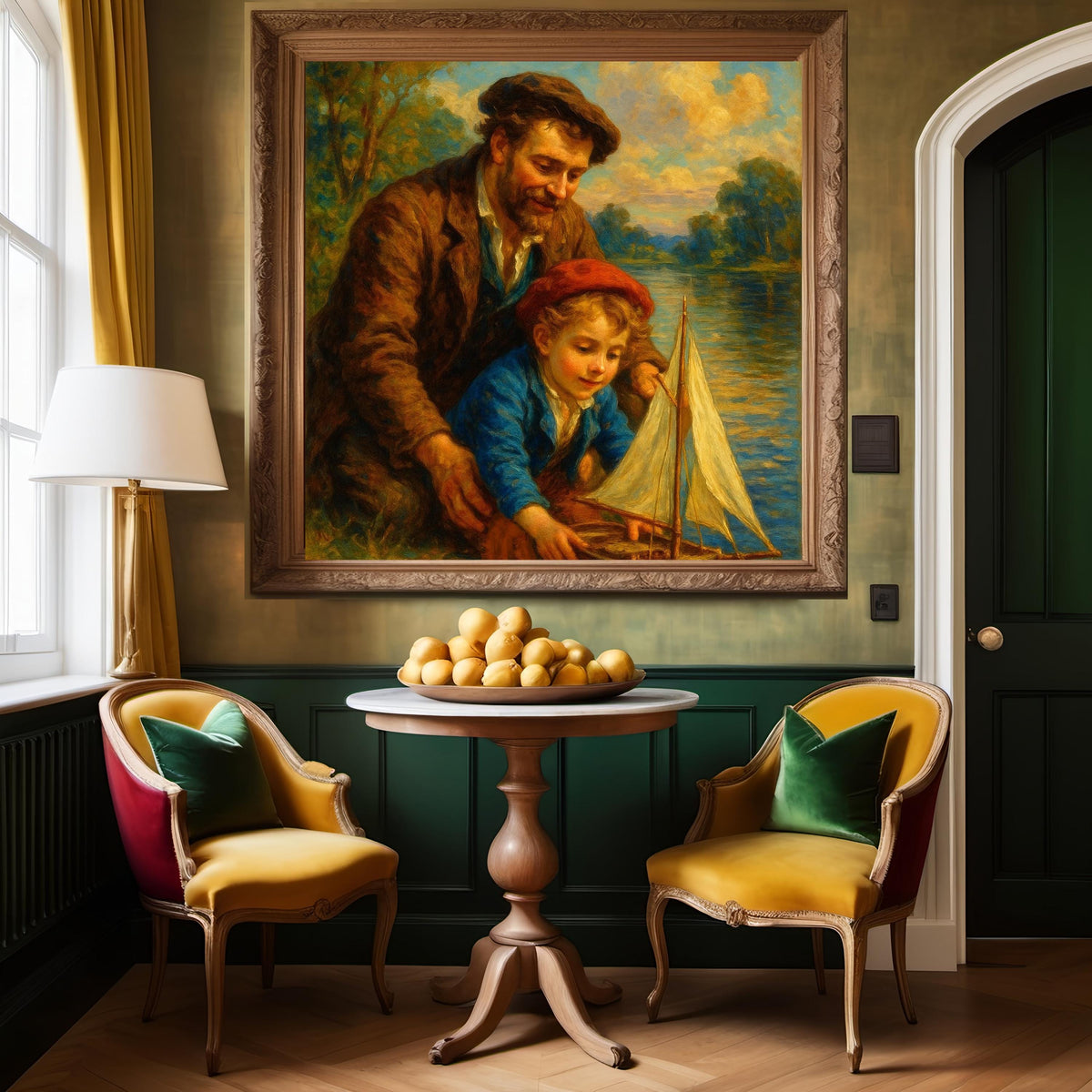 Father and Son Sailboat Print: Vintage Riverside Scene (Digital Download)