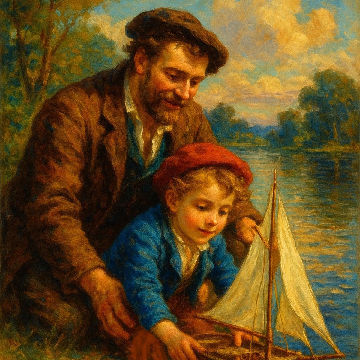 Father and Son Sailboat Print: Vintage Riverside Scene (Digital Download)