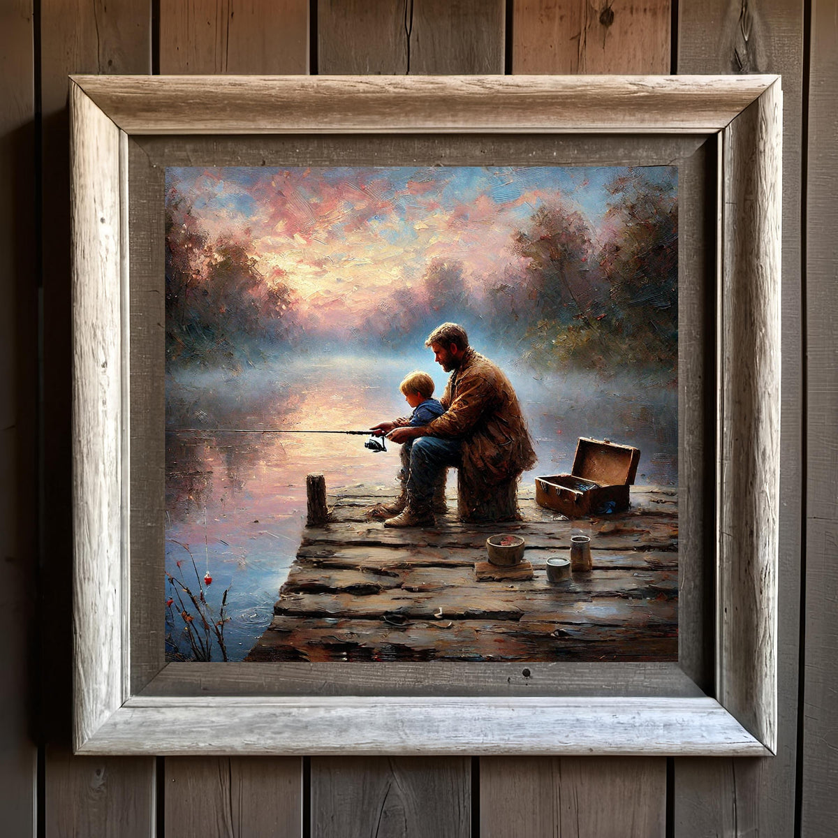 Father and Son Fishing Print: Sunset Lake Art, Rustic Dock Scene (Digital Download)