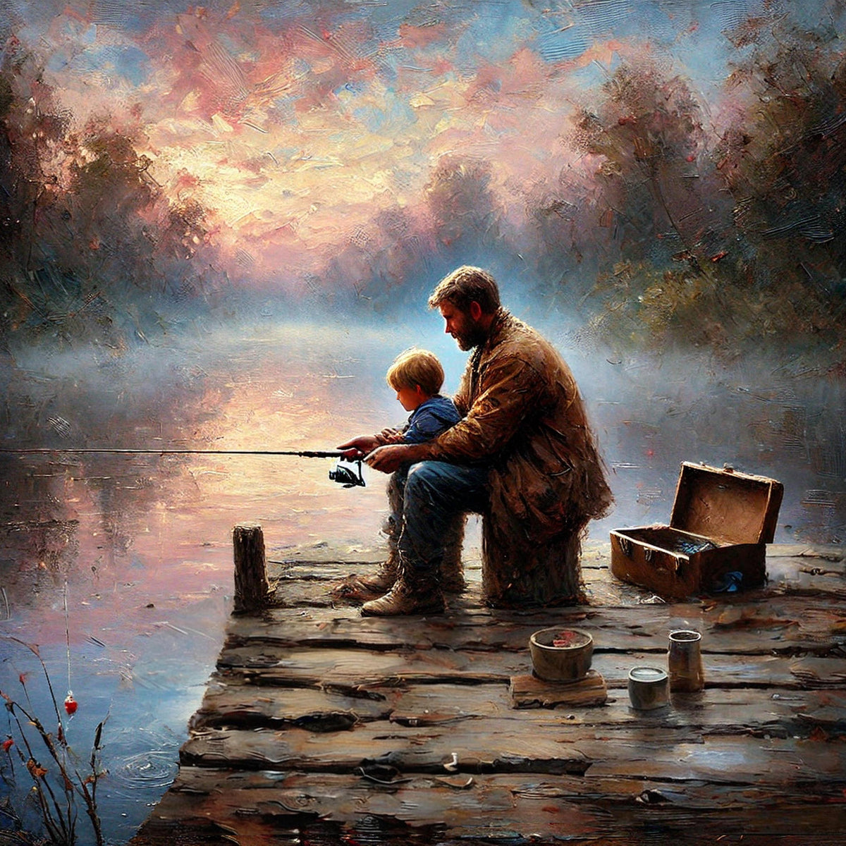 Father and Son Fishing Print: Sunset Lake Art, Rustic Dock Scene (Digital Download)