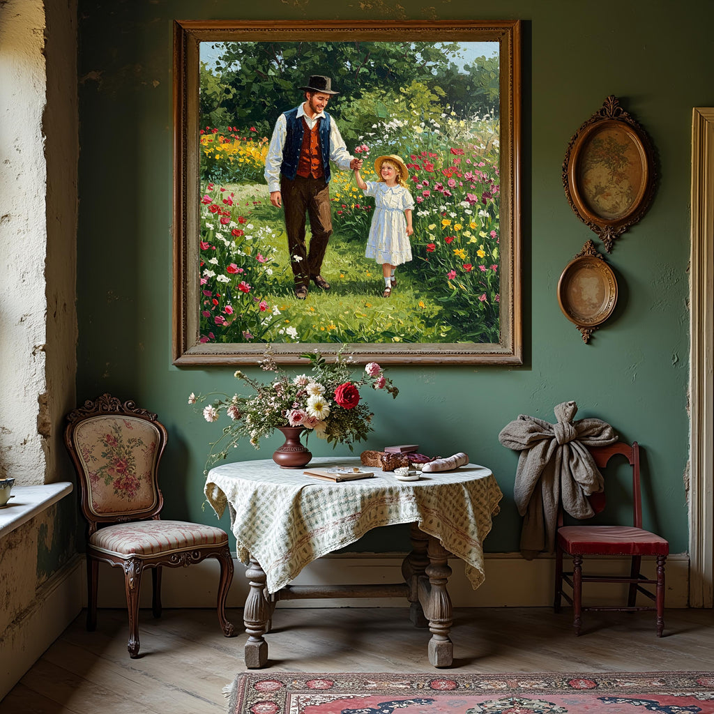 Father & Daughter Wildflower Garden Print: Vintage Father's Day Wall Art (Digital Download)