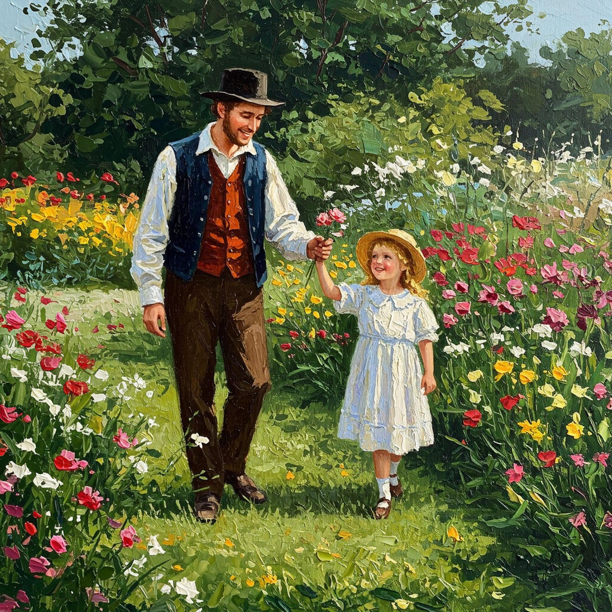 Father & Daughter Wildflower Garden Print: Vintage Father's Day Wall Art (Digital Download)