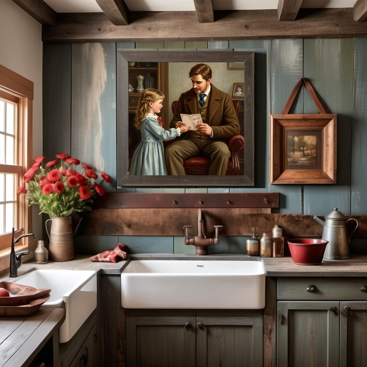 Vintage Father's Day Art Print: Girl Giving Card to Dad (Digital Download)