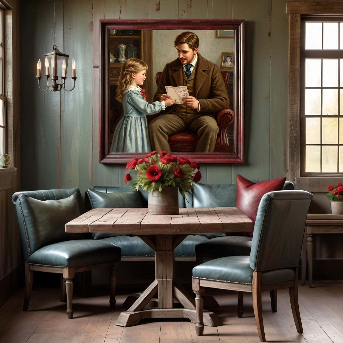 Vintage Father's Day Art Print: Girl Giving Card to Dad (Digital Download)