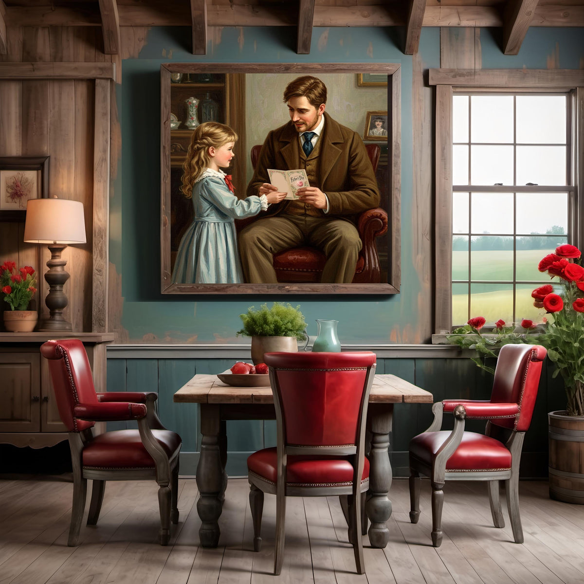 Vintage Father's Day Art Print: Girl Giving Card to Dad (Digital Download)
