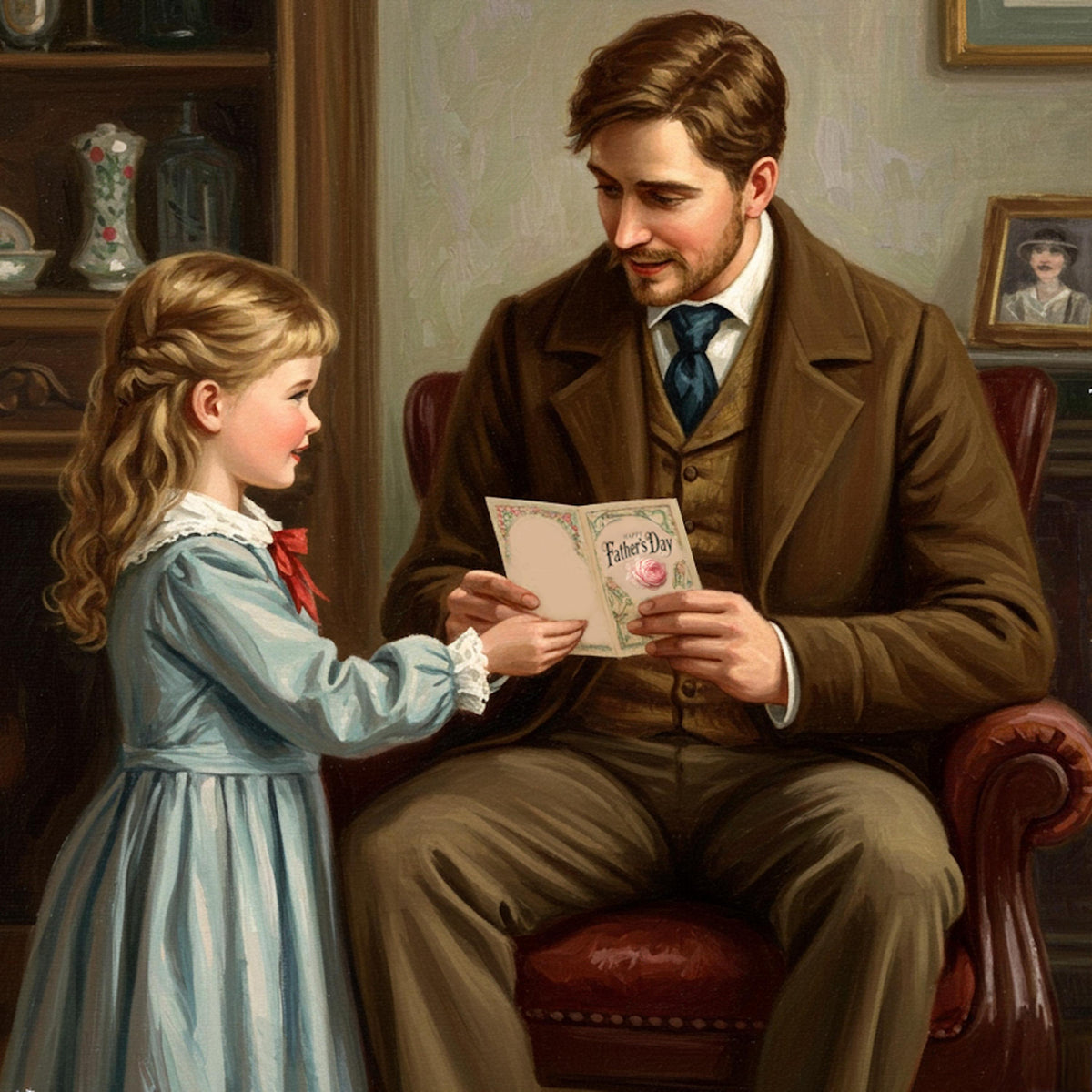 Vintage Father's Day Art Print: Girl Giving Card to Dad (Digital Download)