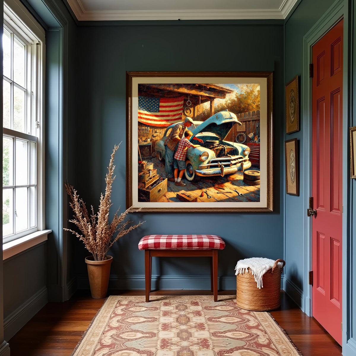 Vintage Father & Son Garage Art Print: Rustic Car Repair Scene (Digital Download)