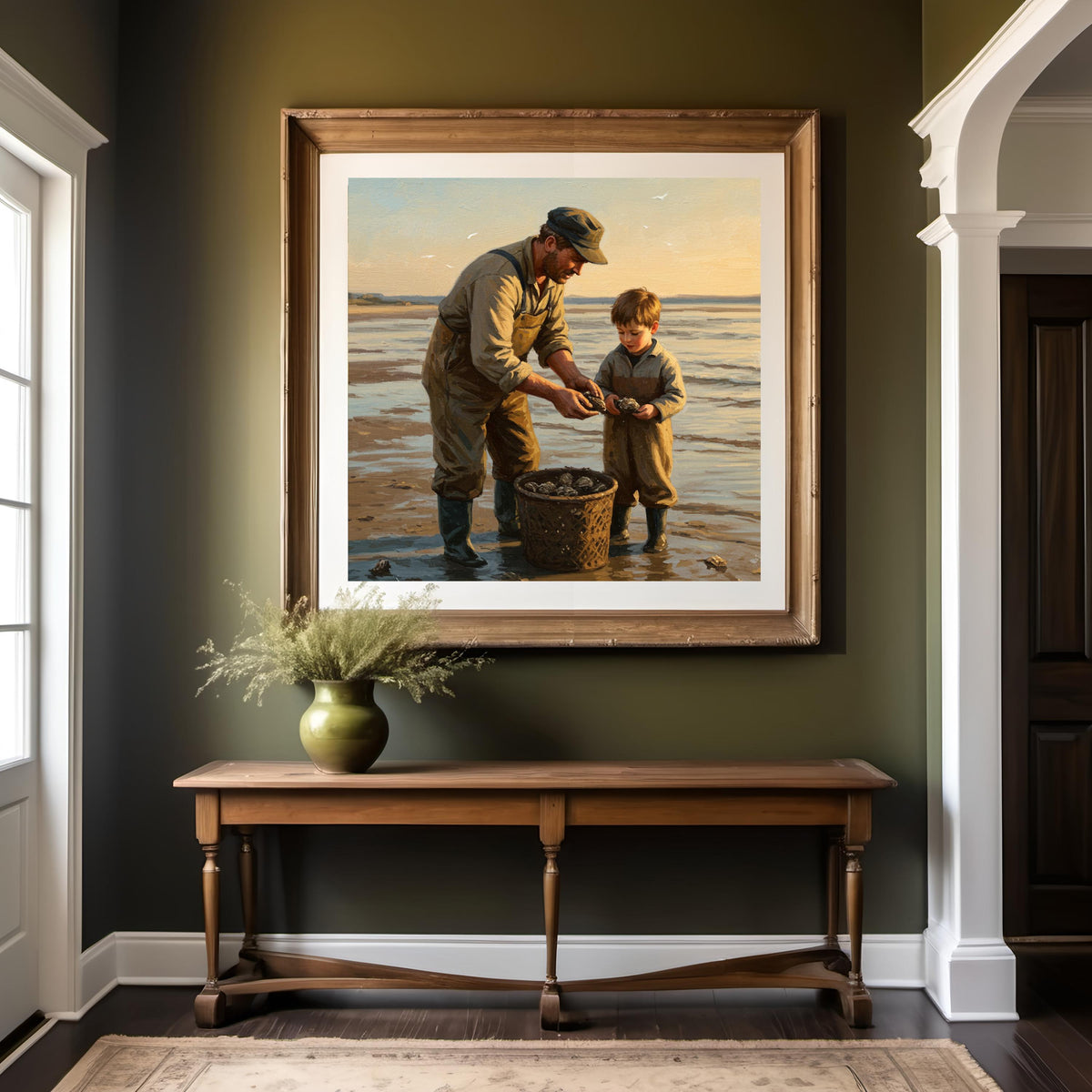 Father and Son Oyster Collecting: Vintage Coastal Art Print (Digital Download)