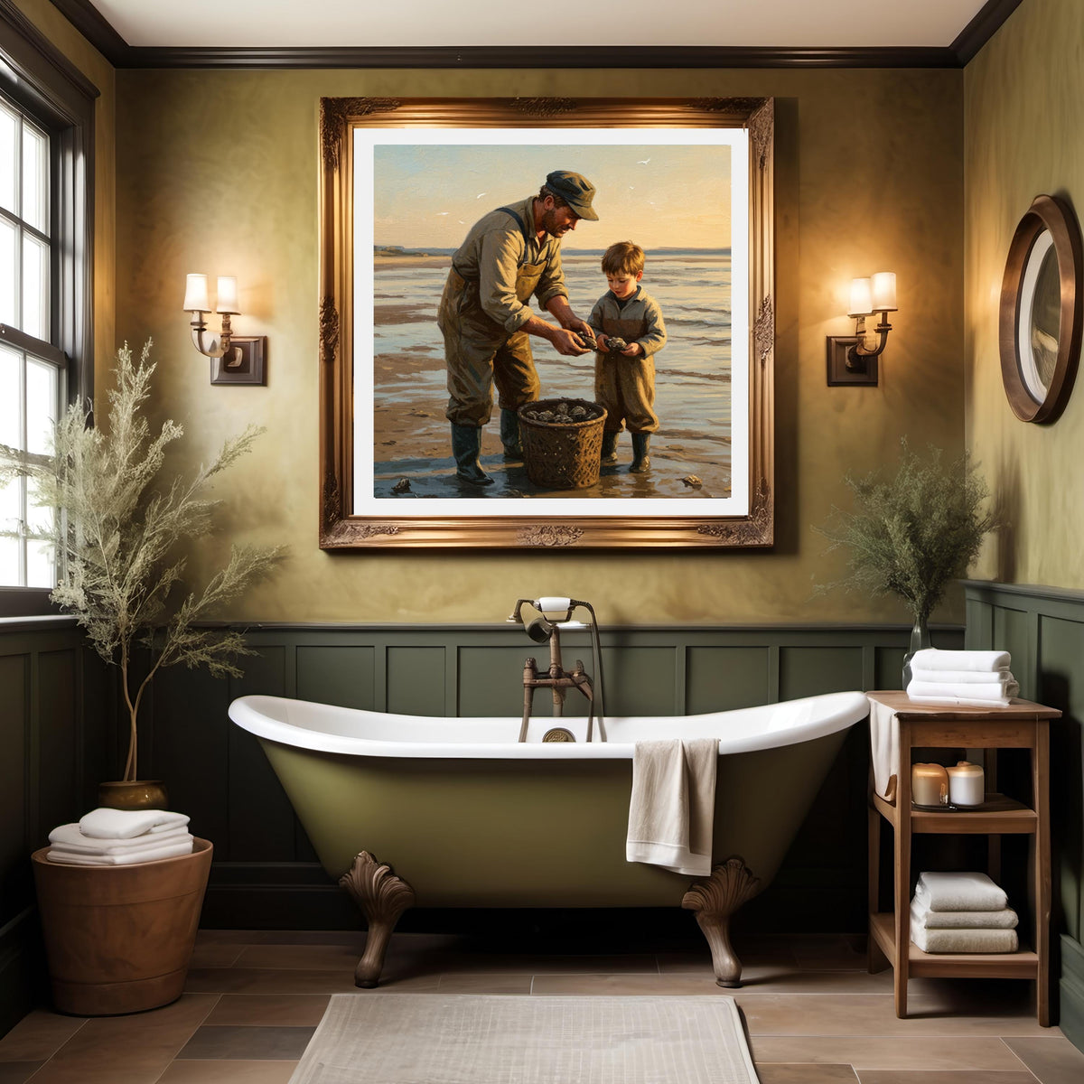 Father and Son Oyster Collecting: Vintage Coastal Art Print (Digital Download)