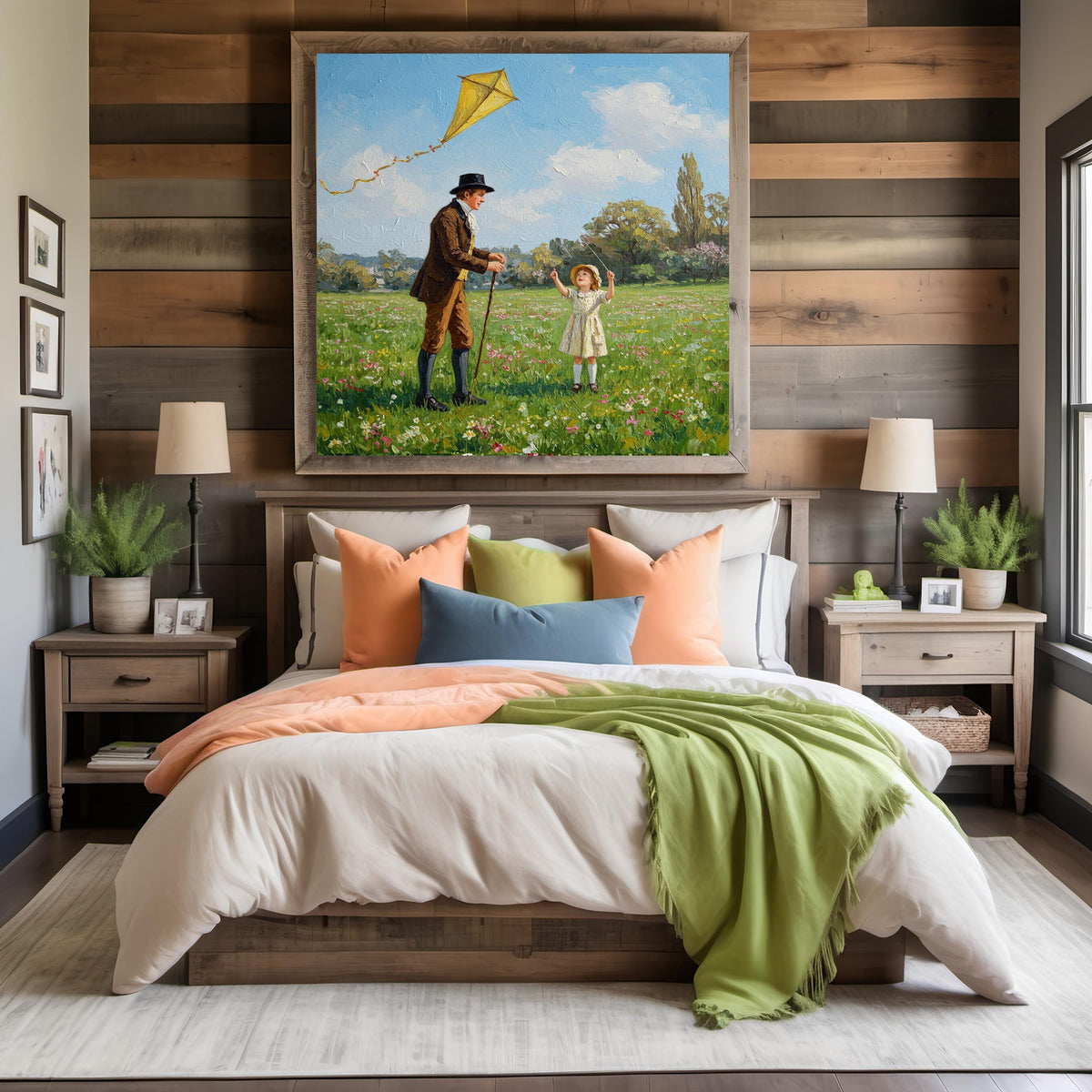 Father & Daughter Kite Vintage Painting: Spring Meadow Art (Digital Download)