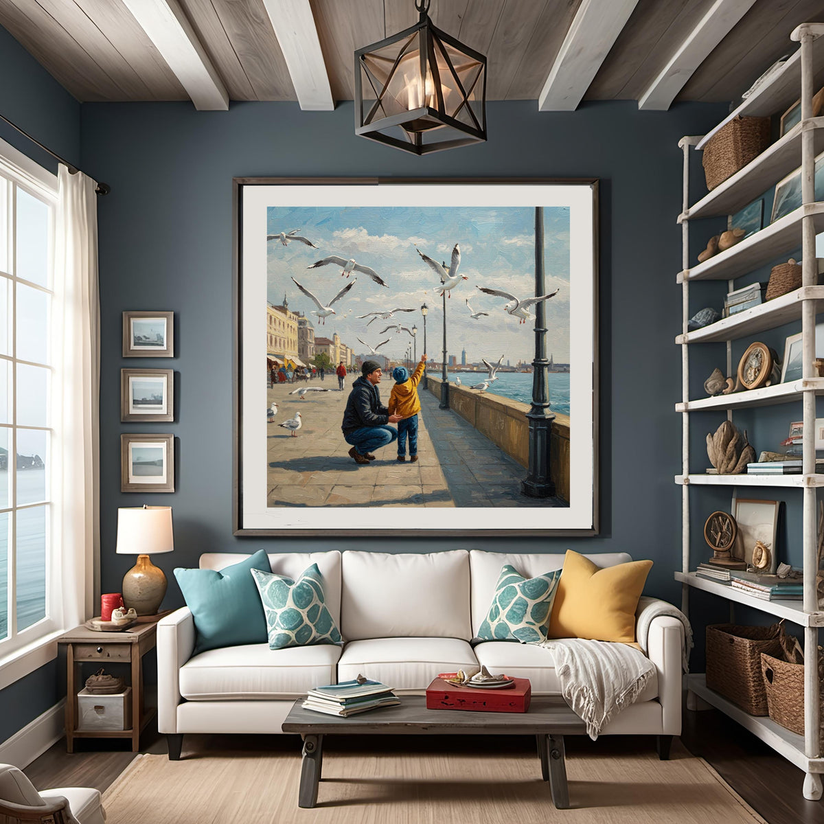 Father and Child Seaside Art Print: Urban Coastal Scene (Digital Download)