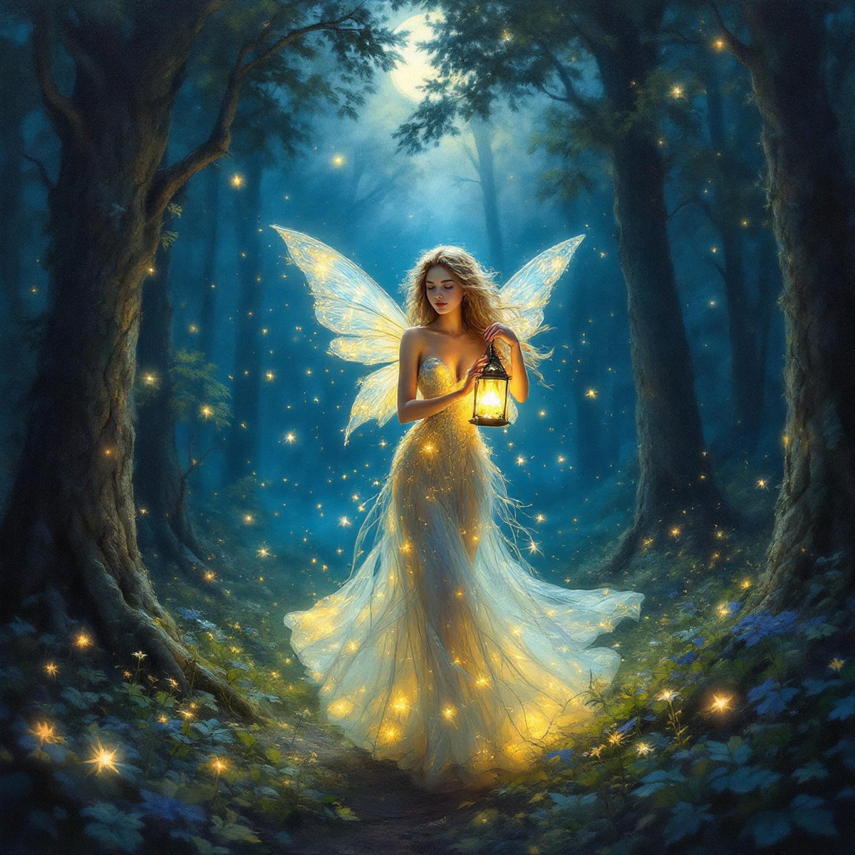 Magical Lantern Fairy Art Print: Ethereal Forest Fantasy (Digital Download)