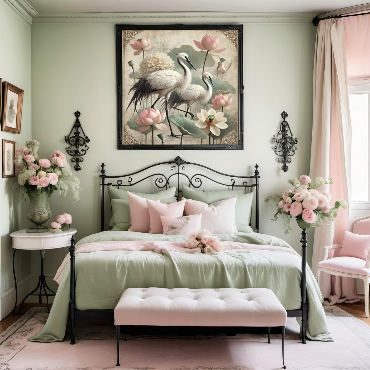 Crane and Lotus Flower Art Print: Vintage Asian-Inspired Wall Decor (Digital Download)