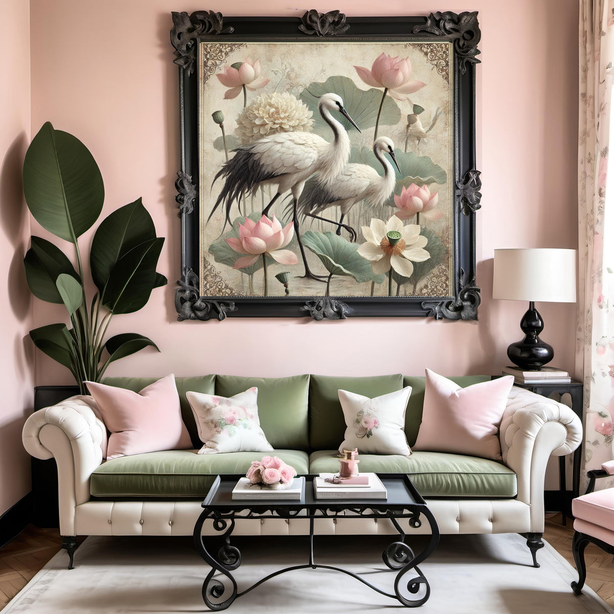 Crane and Lotus Flower Art Print: Vintage Asian-Inspired Wall Decor (Digital Download)