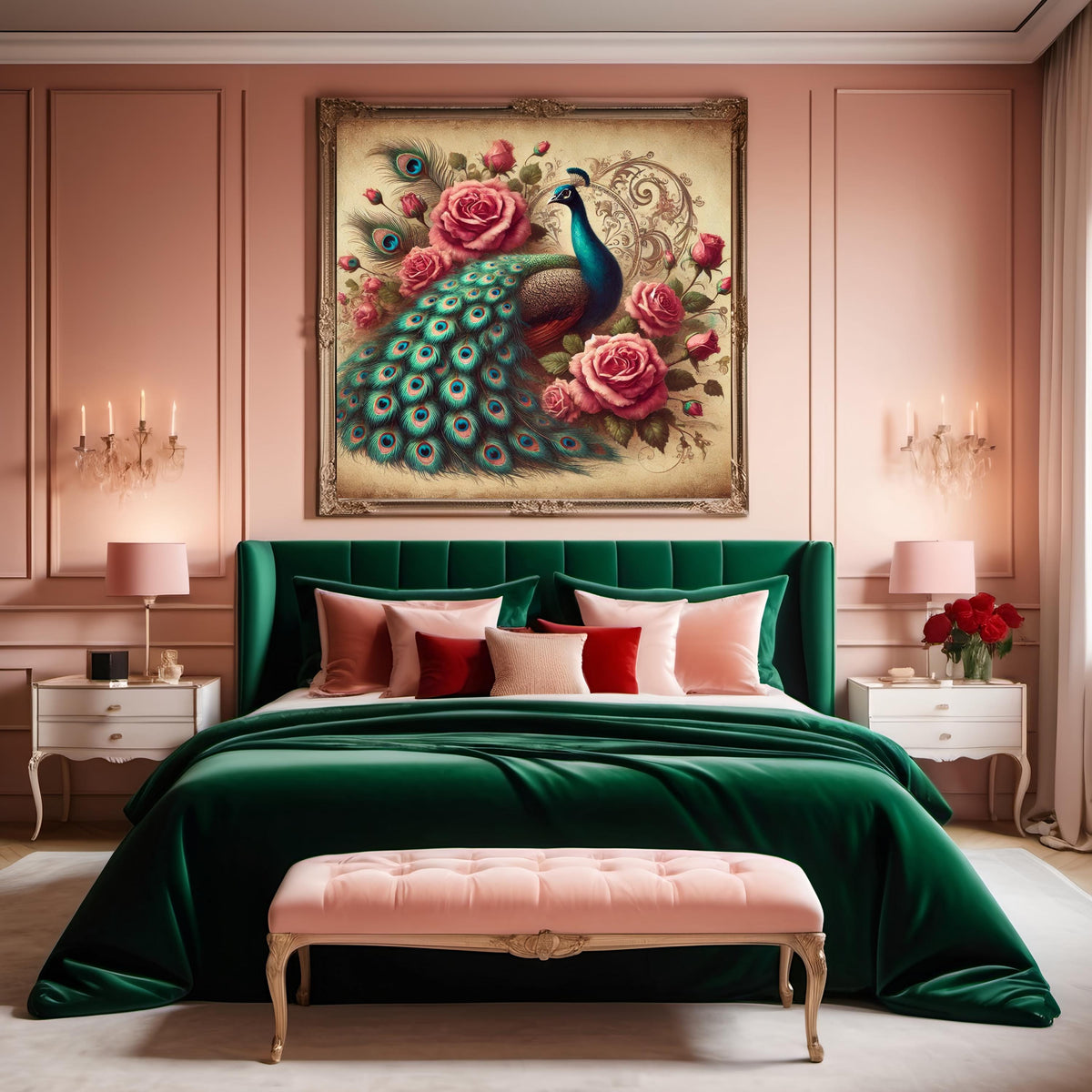 Victorian Peacock & Roses Print: Antique Style Floral Wall Art (Digital Download) 2