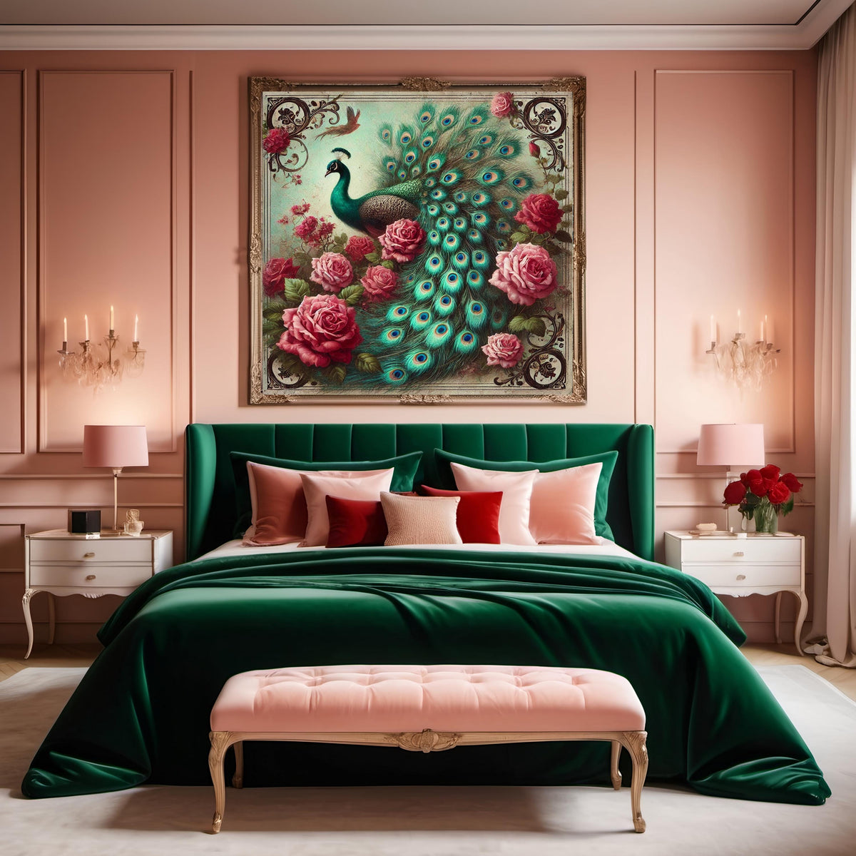 Victorian Peacock & Roses Print: Antique Style Floral Wall Art (Digital Download)