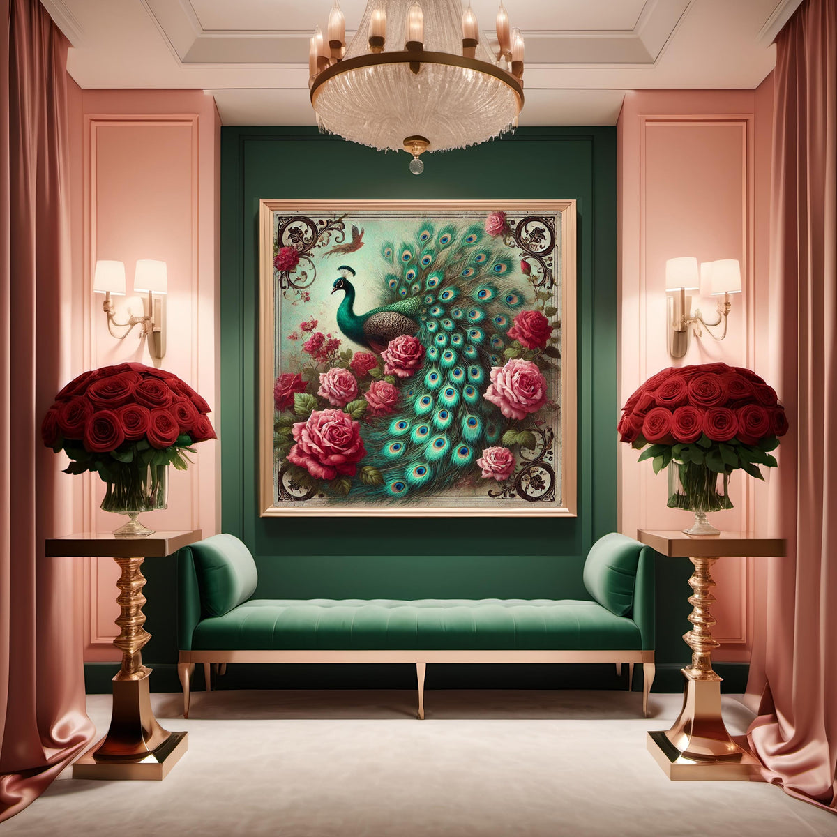 Victorian Peacock & Roses Print: Antique Style Floral Wall Art (Digital Download)