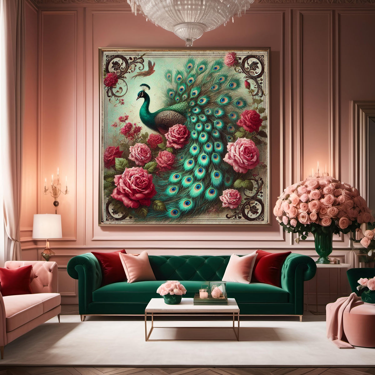 Victorian Peacock & Roses Print: Antique Style Floral Wall Art (Digital Download)