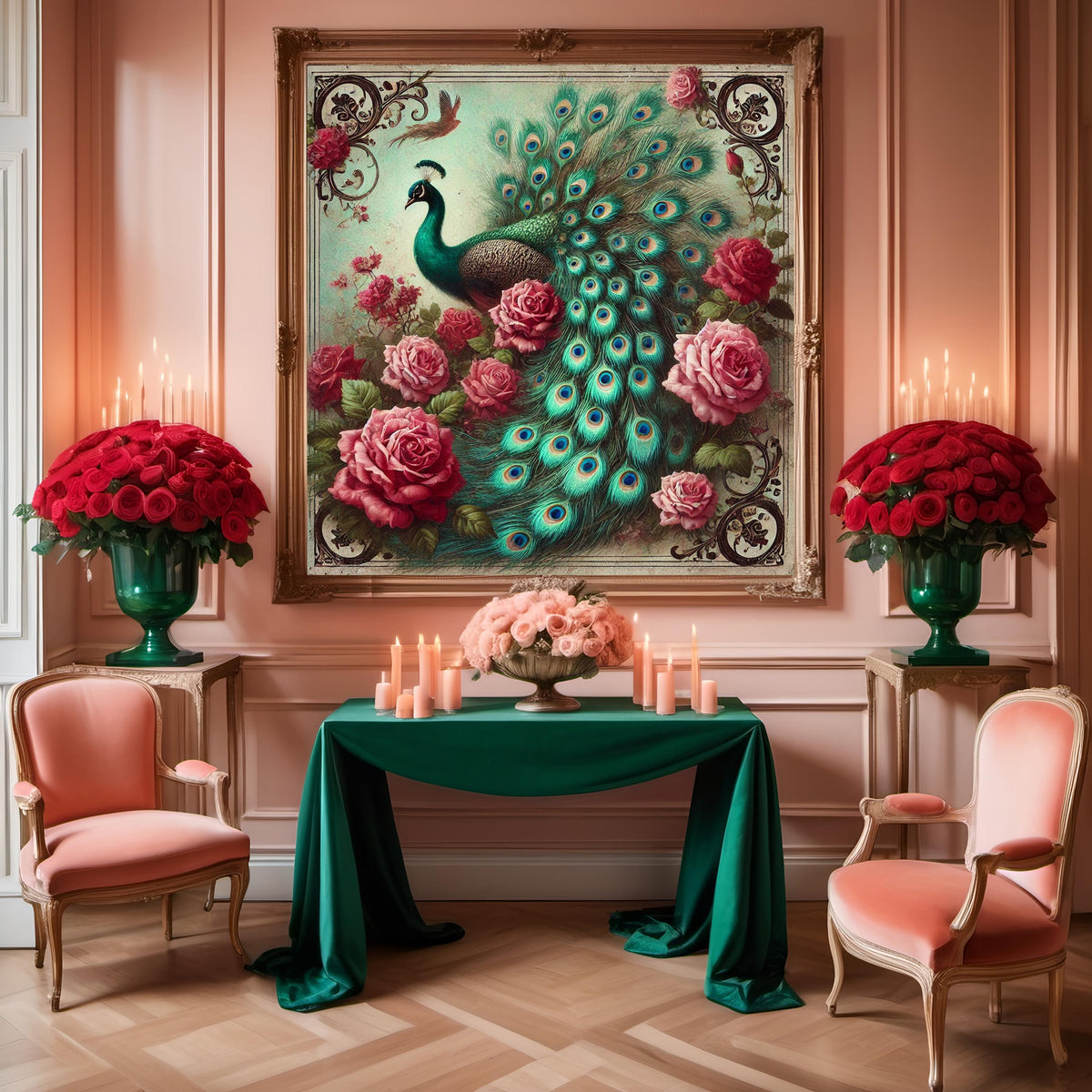 Victorian Peacock & Roses Print: Antique Style Floral Wall Art (Digital Download)