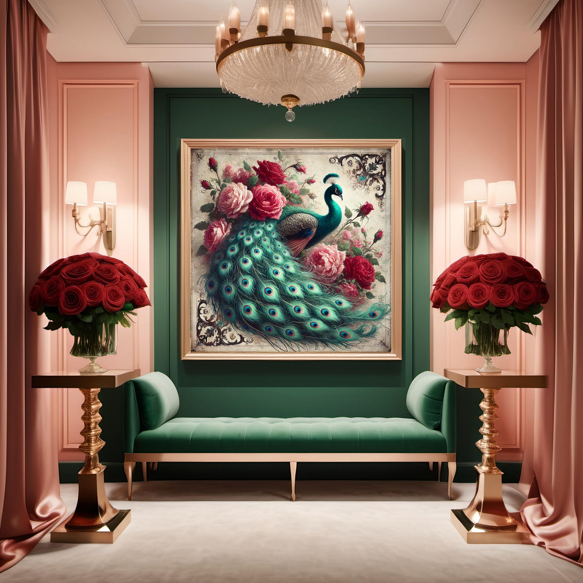 Victorian Peacock & Roses Print: Antique Style Floral Wall Art (Digital Download 30x30 inches)