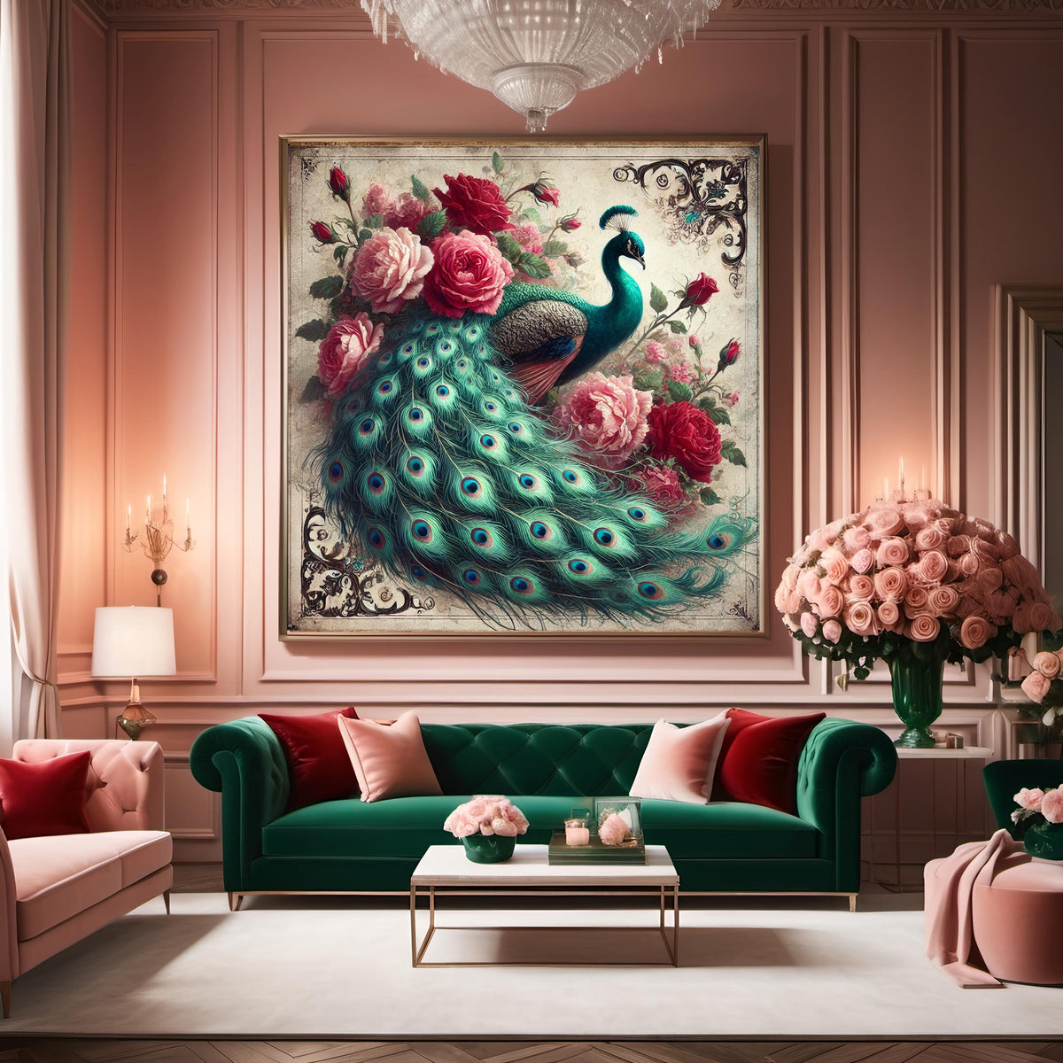 Victorian Peacock & Roses Print: Antique Style Floral Wall Art (Digital Download 30x30 inches)