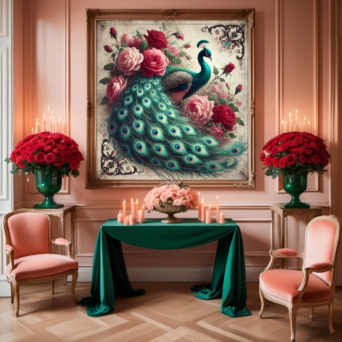Victorian Peacock & Roses Print: Antique Style Floral Wall Art (Digital Download 30x30 inches)