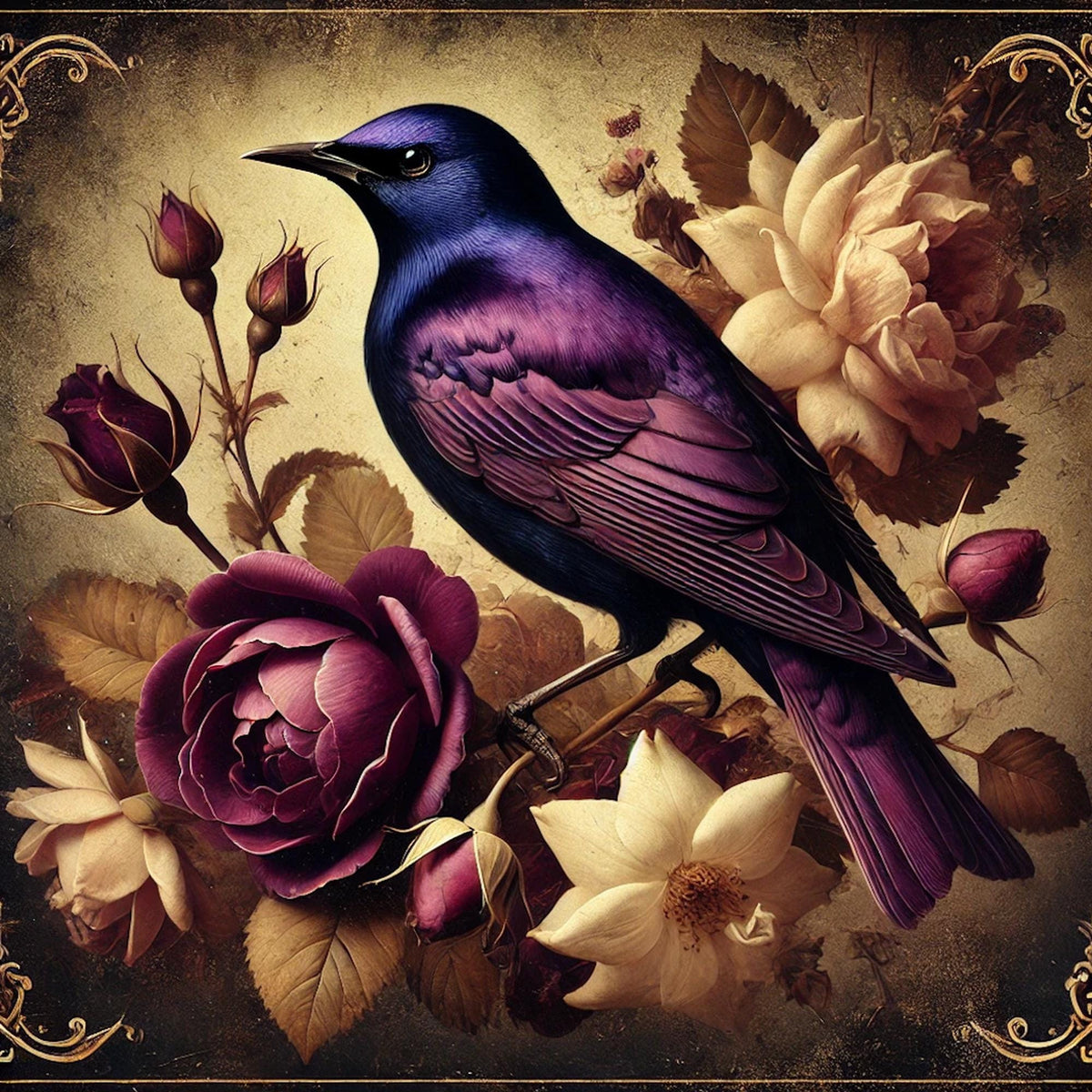 Violet Starling & Roses Art Print: Vintage Bird Digital Download