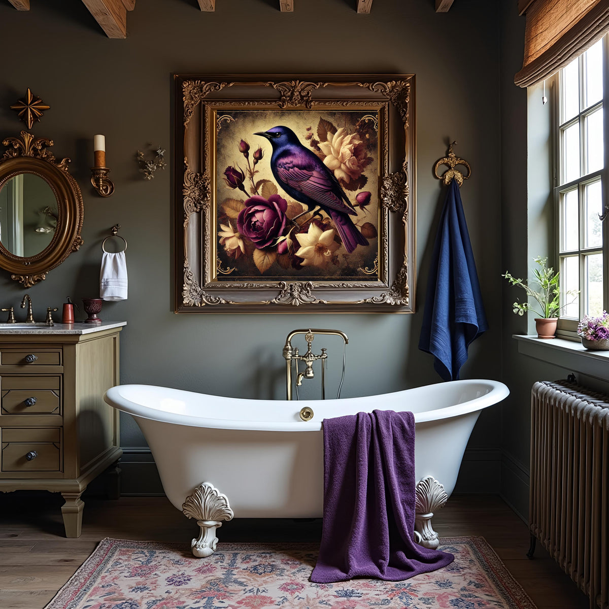 Violet Starling & Roses Art Print: Vintage Bird Digital Download
