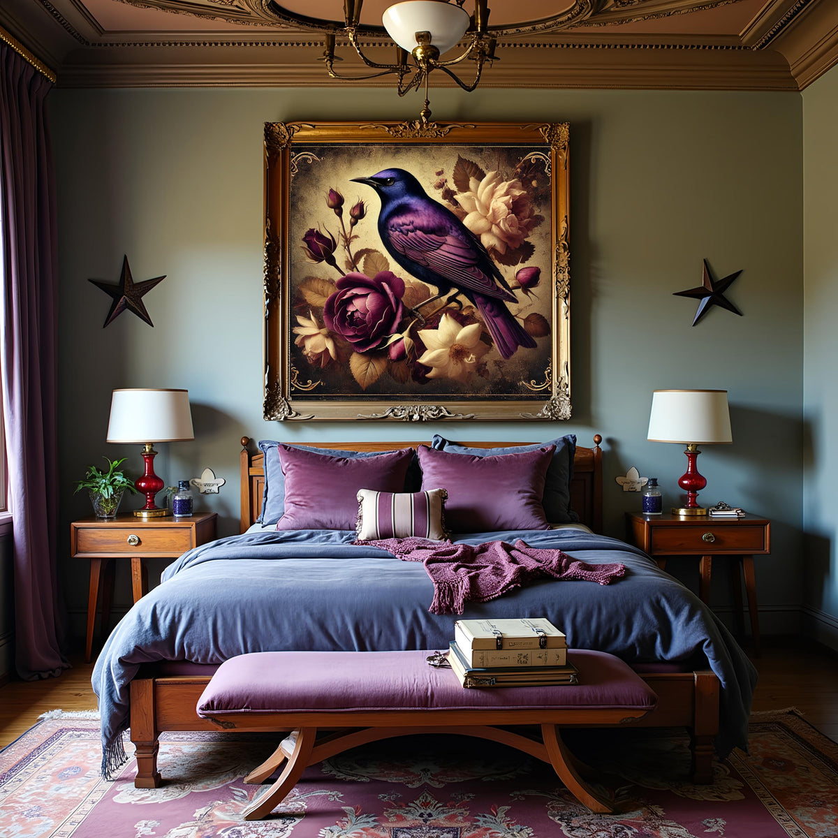 Violet Starling & Roses Art Print: Vintage Bird Digital Download
