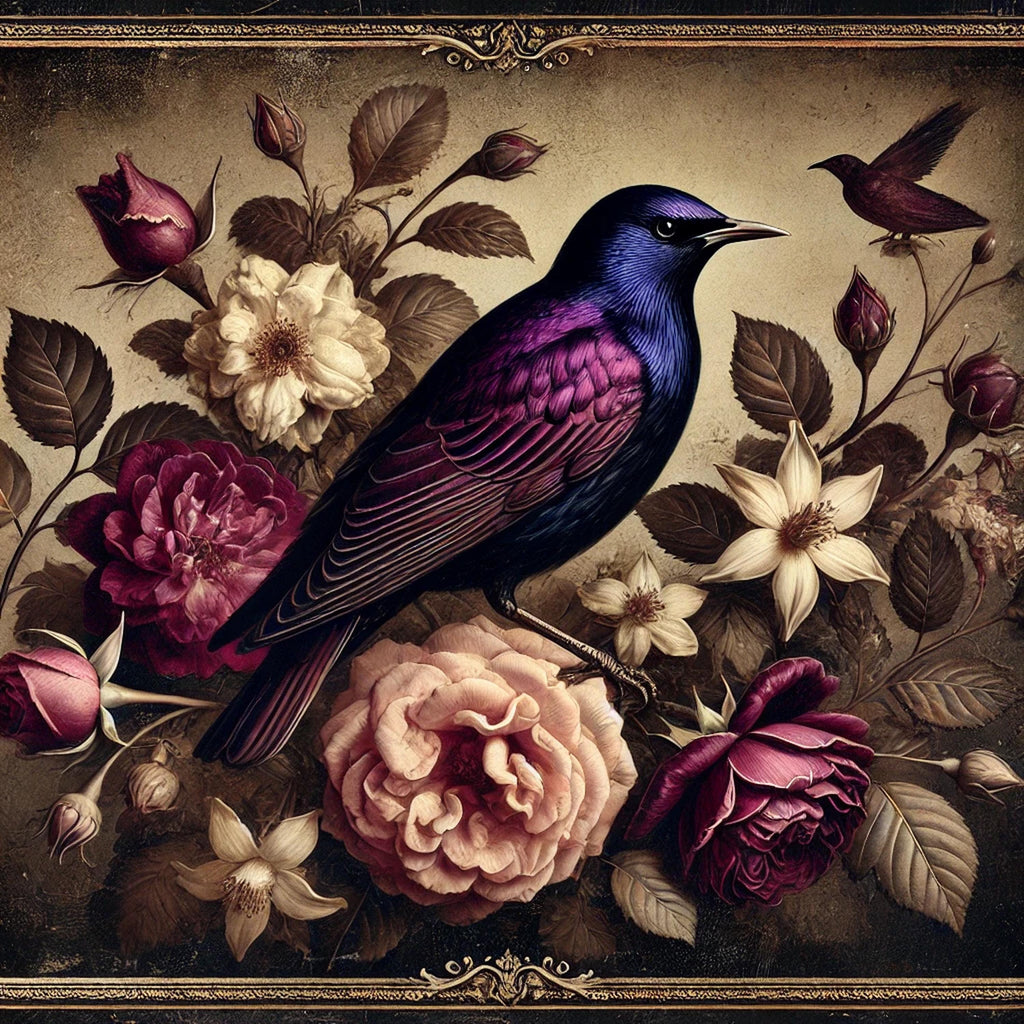 Vintage Starling Bird Art Print: Violet Blue, Roses (Digital Download)