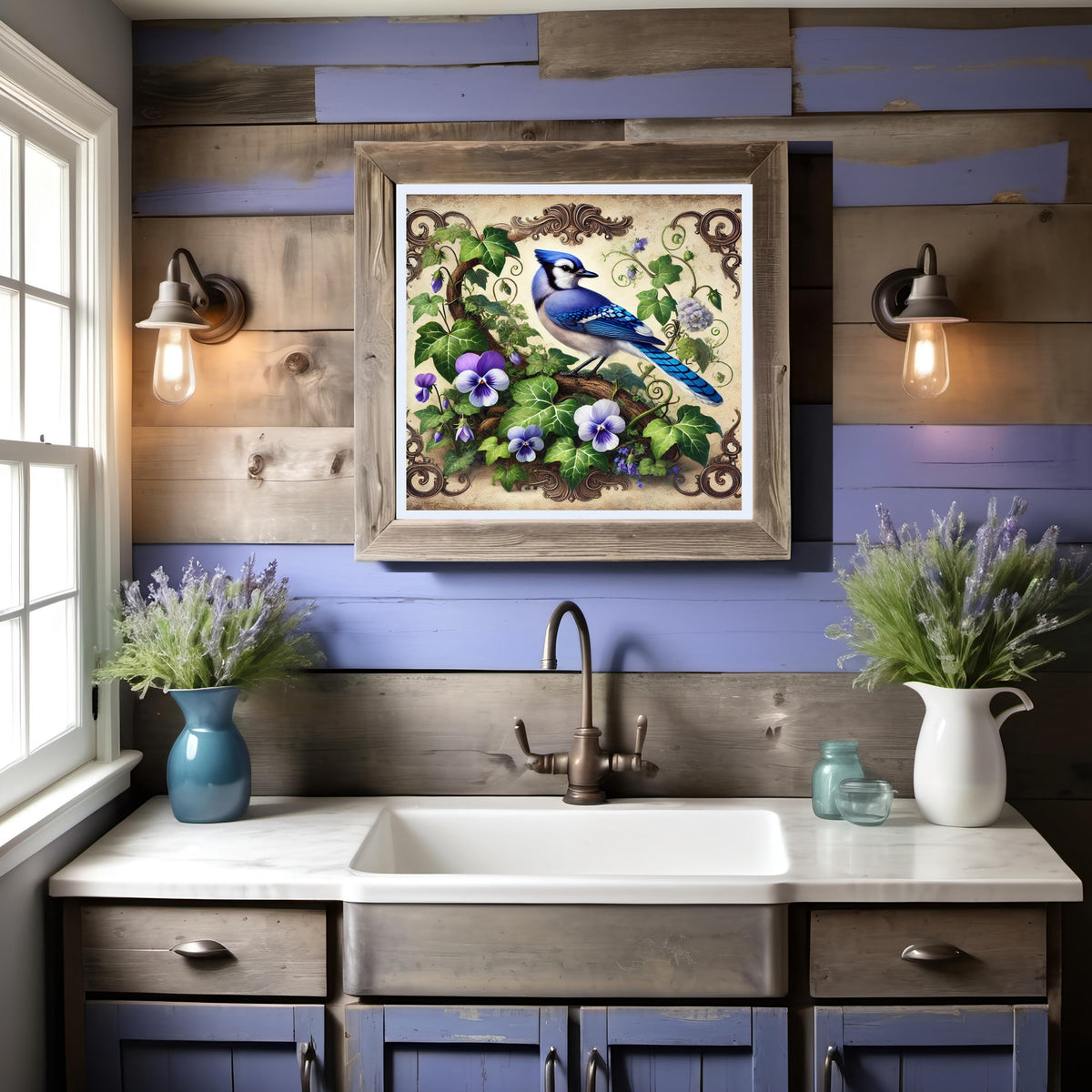 Blue Jay & Violet Flower Print: Vintage Cottagecore Wall Art (Digital Download) 2