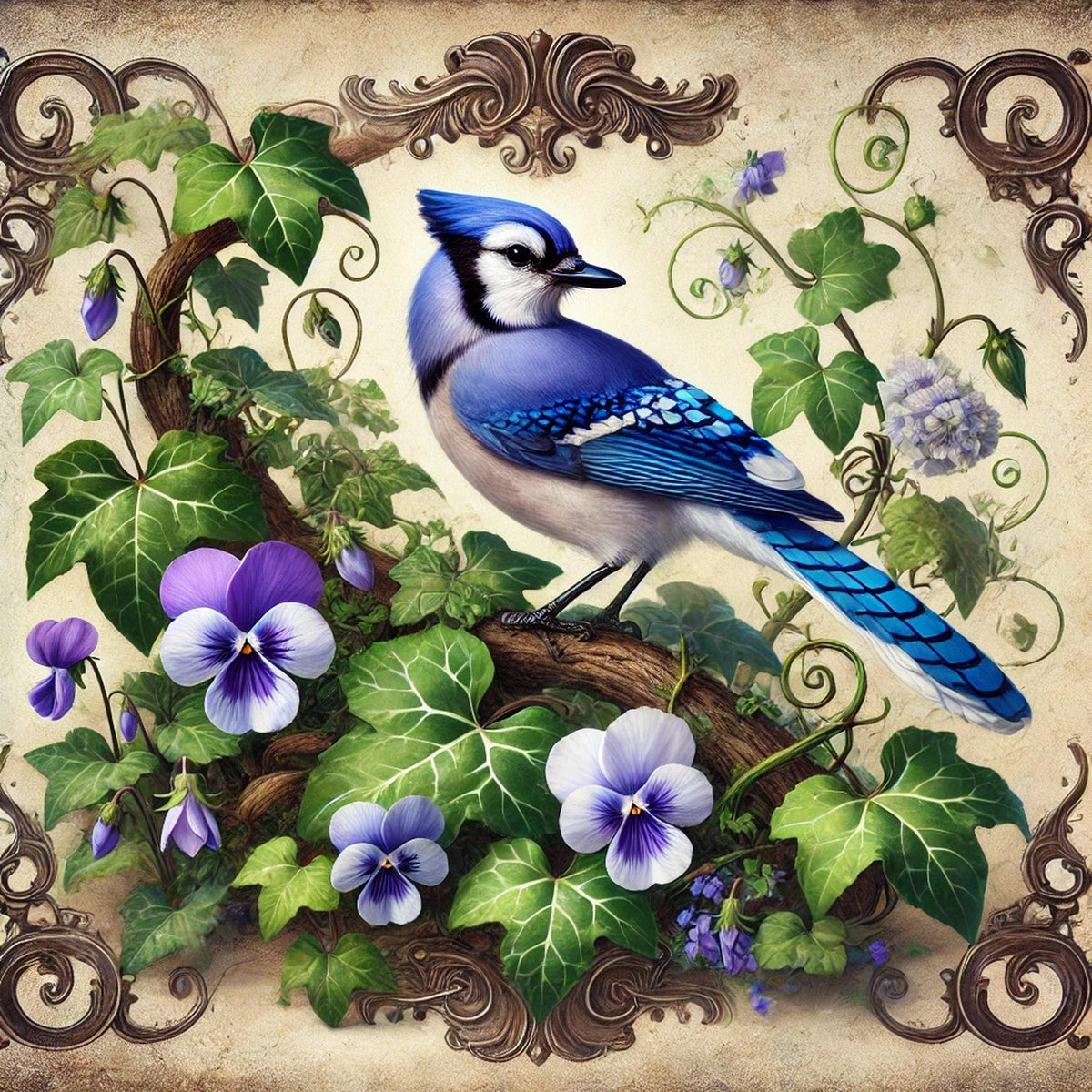 Blue Jay & Violet Flower Print: Vintage Cottagecore Wall Art (Digital Download) 2