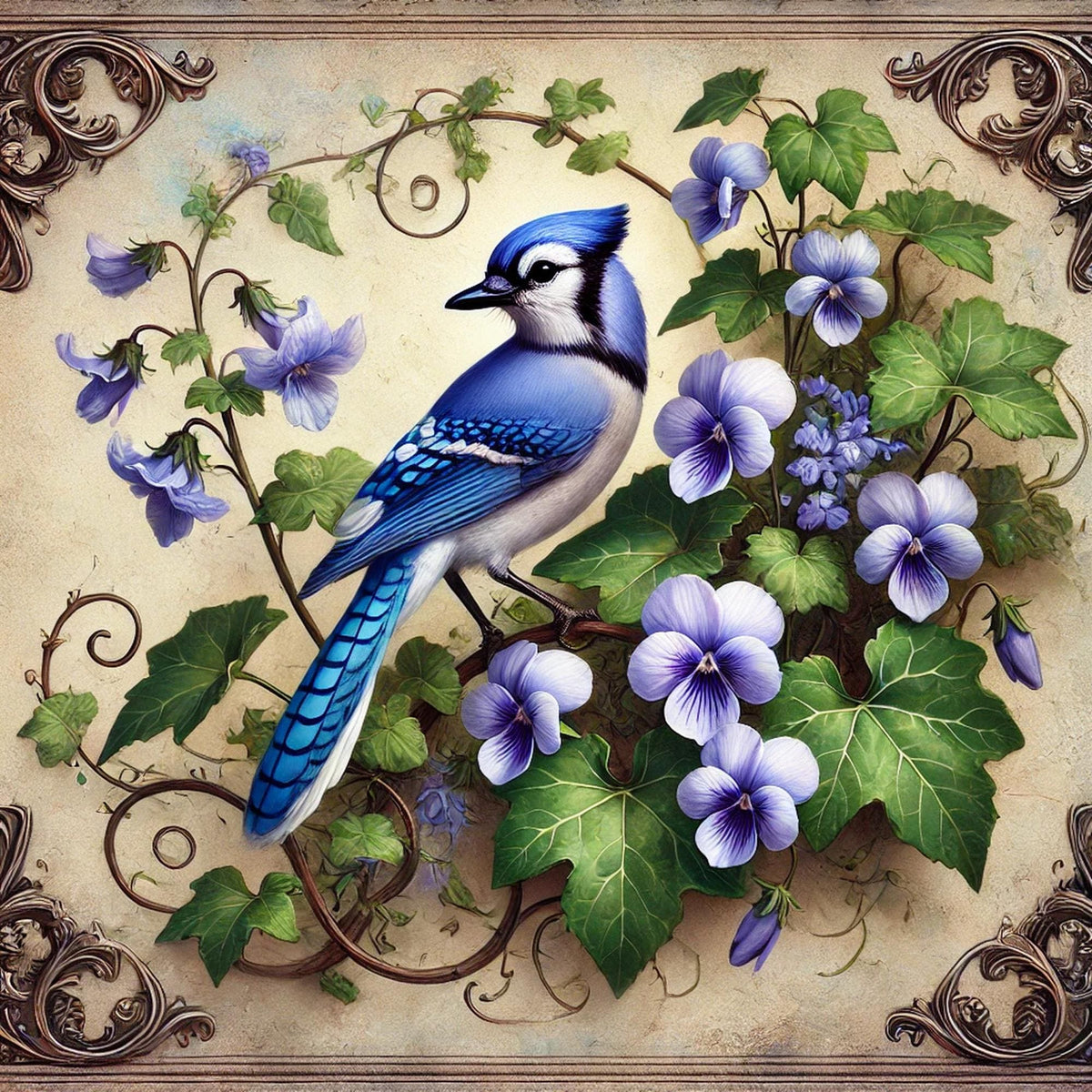 Blue Jay & Violet Flower Print: Vintage Cottagecore Wall Art (Digital Download)