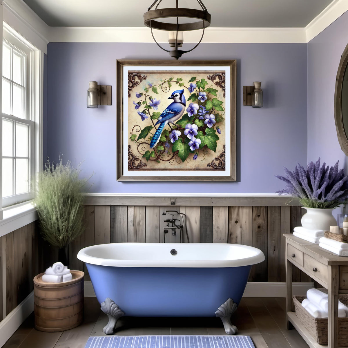 Blue Jay & Violet Flower Print: Vintage Cottagecore Wall Art (Digital Download)