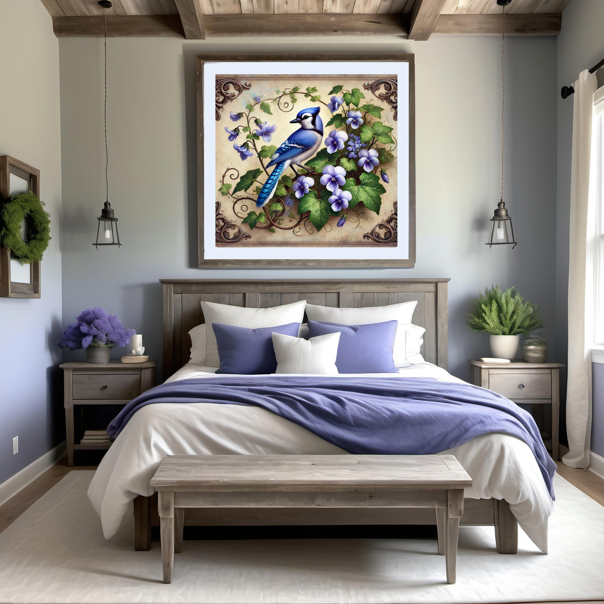 Blue Jay & Violet Flower Print: Vintage Cottagecore Wall Art (Digital Download)