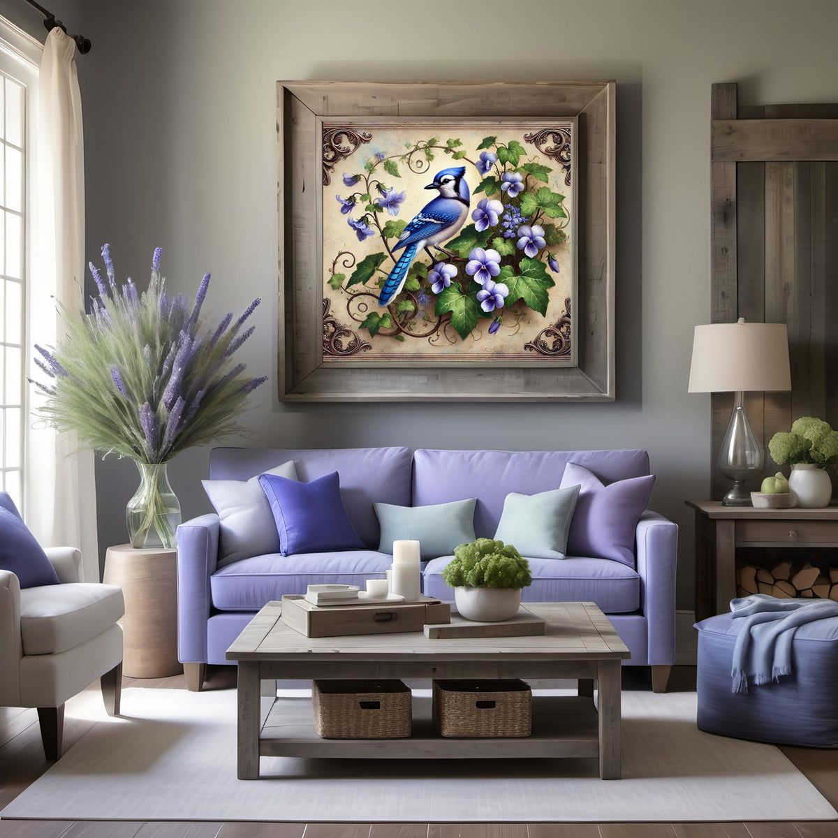 Blue Jay & Violet Flower Print: Vintage Cottagecore Wall Art (Digital Download)