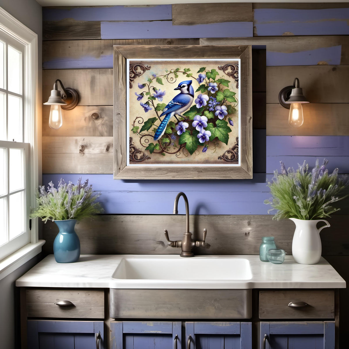 Blue Jay & Violet Flower Print: Vintage Cottagecore Wall Art (Digital Download)