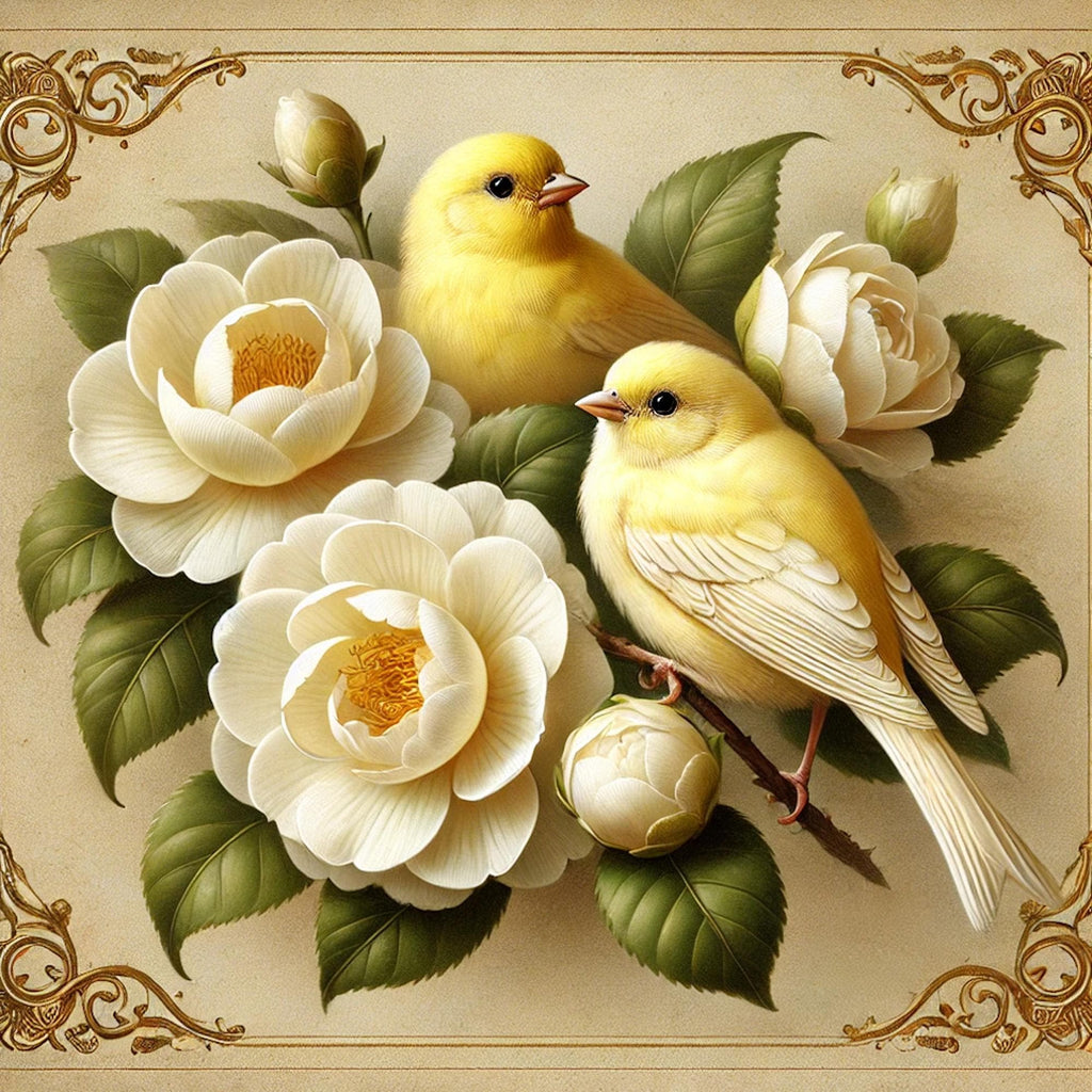 Canary and Camellia Flower Vintage Art Print: Yellow Bird Digital Download