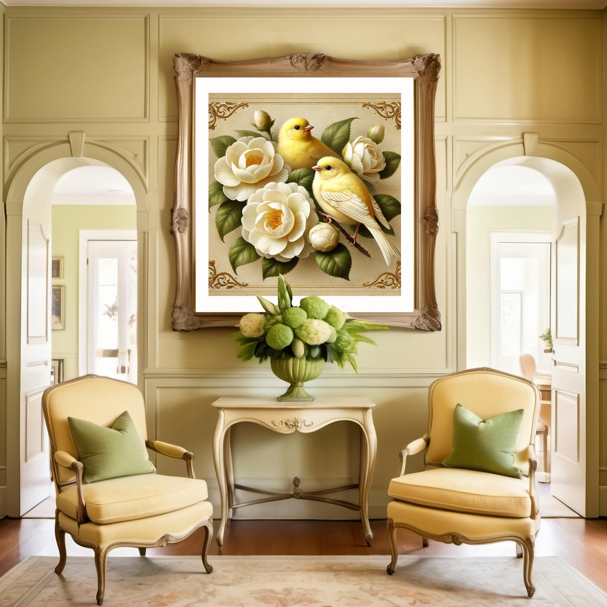 Canary and Camellia Flower Vintage Art Print: Yellow Bird Digital Download