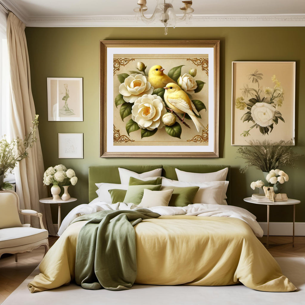 Canary and Camellia Flower Vintage Art Print: Yellow Bird Digital Download