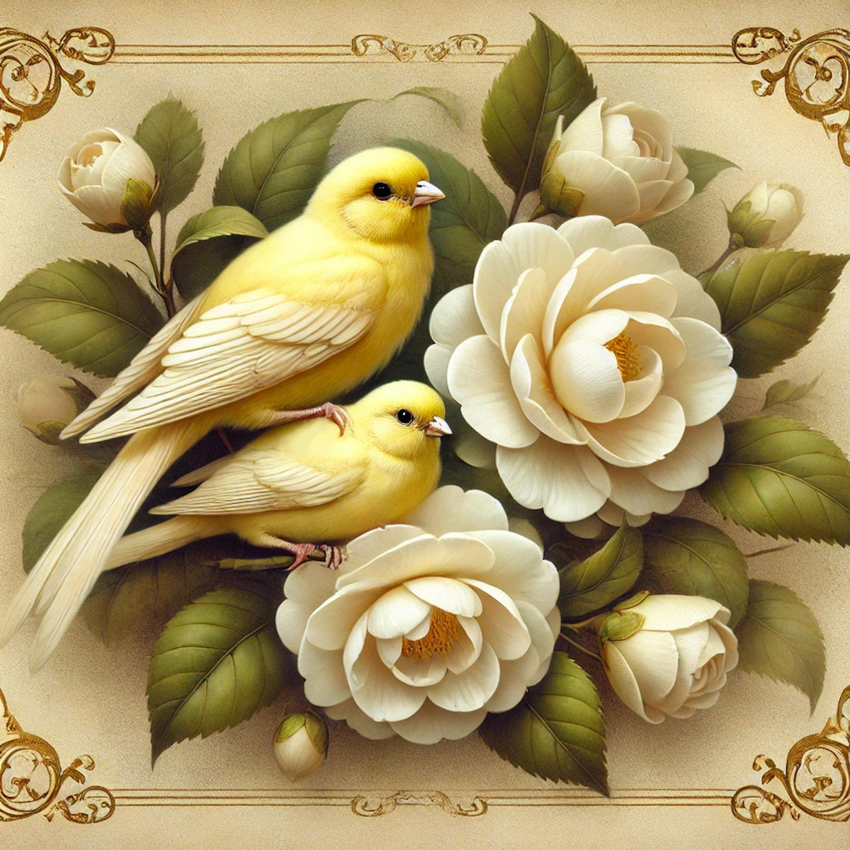 Vintage Canary & Camellia Flower Art Print: Botanical Bird Wall Decor (Digital Download)