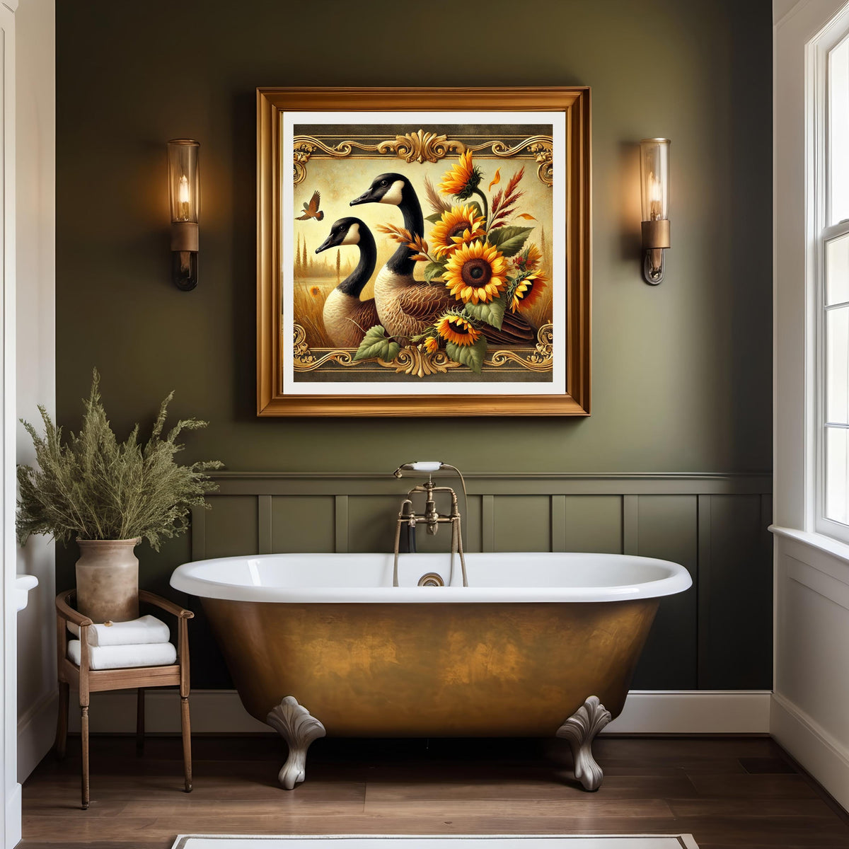 Vintage Canada Geese Print: Rustic Farmhouse Sunflower Art (Digital Download)