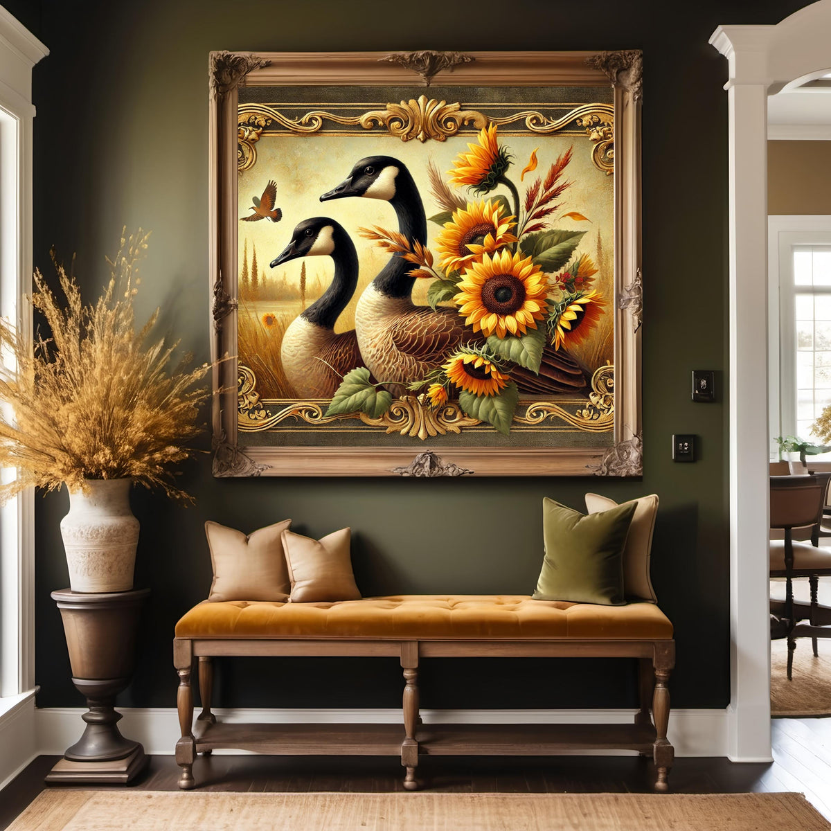 Vintage Canada Geese Print: Rustic Farmhouse Sunflower Art (Digital Download)